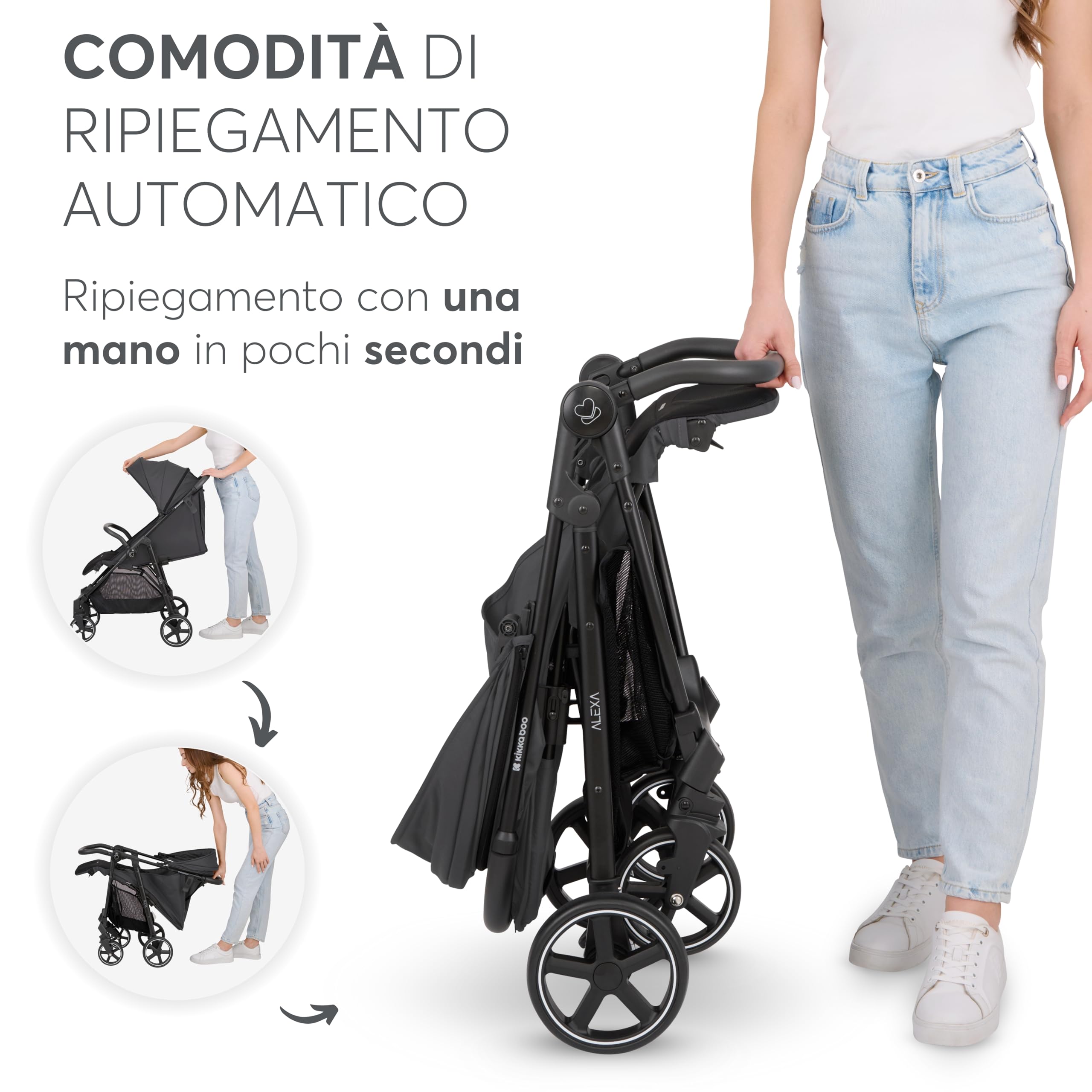 KikkaBoo ALEXA Passeggino Leggero dalla nascita fino a 22 kg, Pieghevole con una mano, Schienale reclinabile, Ruote con sospensioni, Poggiapiedi regolabile, Cintura di sicurezza a 5 punti, Grigio