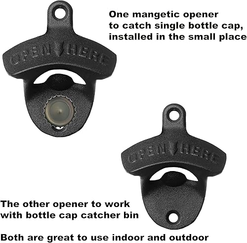Miniatura 2 de Abridor de botellas de montaje en pared negro con tapón de drenaje, abrebotellas magnético de acero inoxidable (2 abridores)
