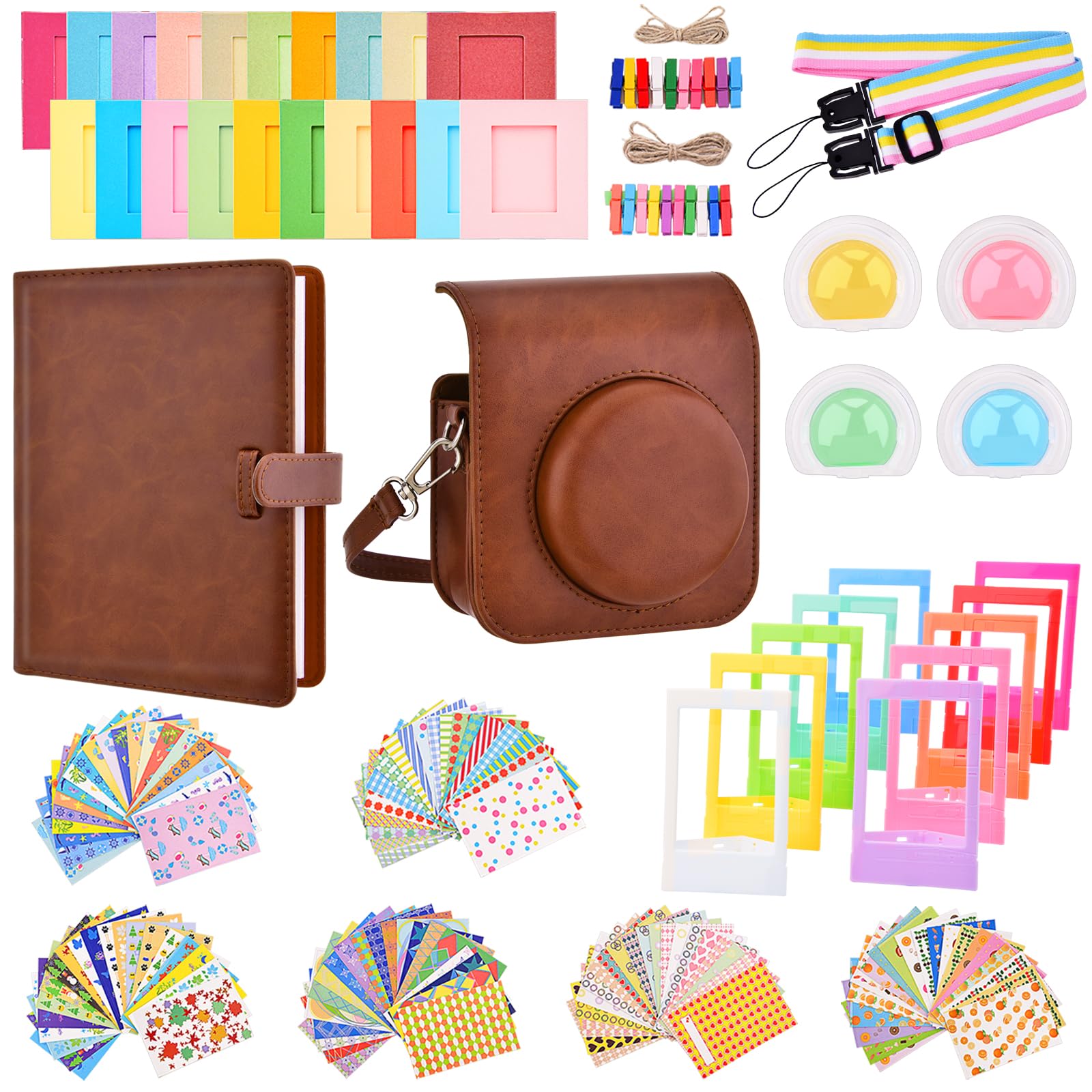 Sunmns Mini 12 Instant Camera Accessories Kit, Accessory Bundle Compatible with Instax Mini 12 Instant Camera, Include Case, Album, Stickers, Photo Frames, Paper Frame, Filters, Strap (Brown)