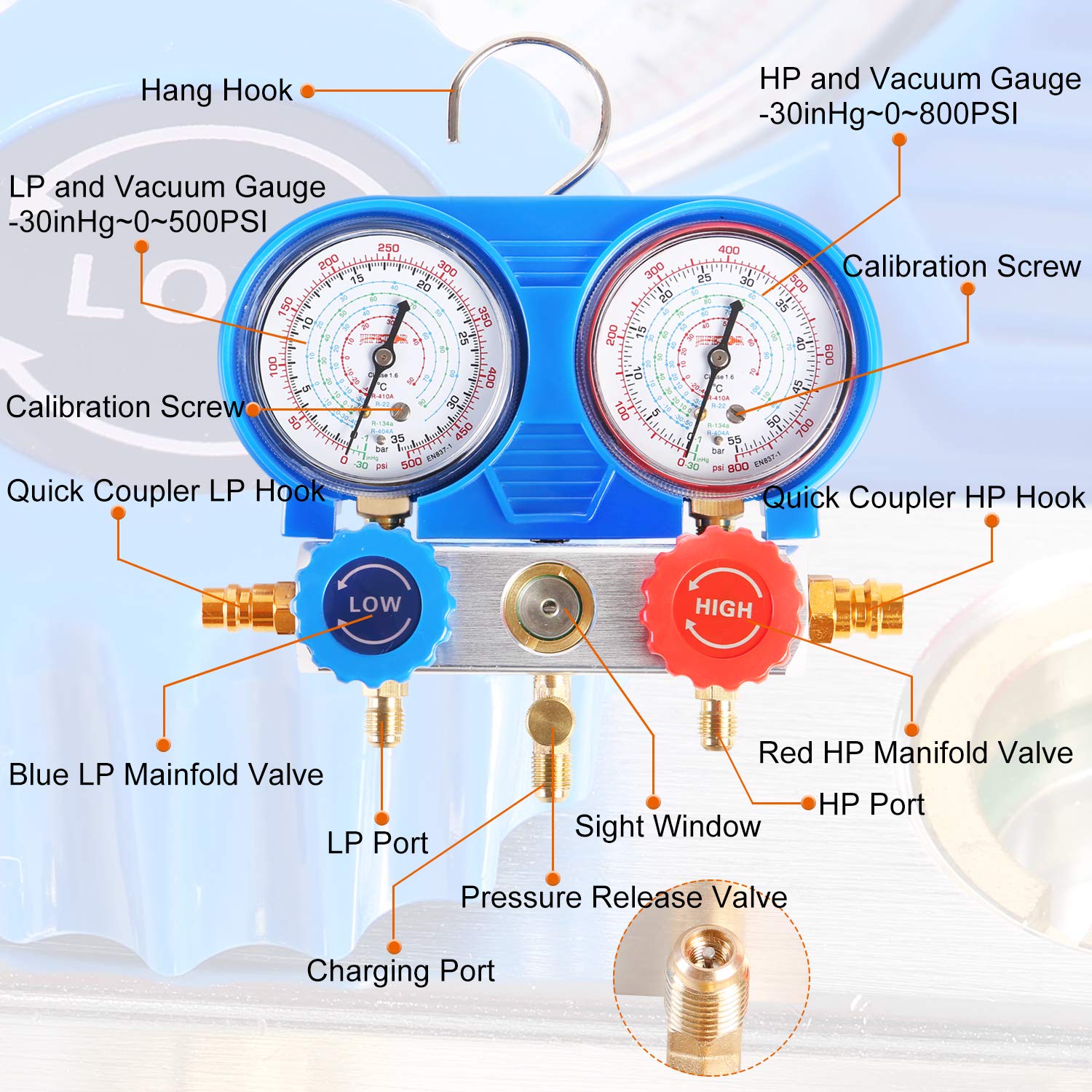 VEVOR 4 Way AC Gauge AC Manifold Gauge Set For R134A R22 R12 R410A Refrigerant Freon Gauges With 5ft Hoses Couplers Can Tap Works On Car Auto Freon Charging And Evacuation In - View #4