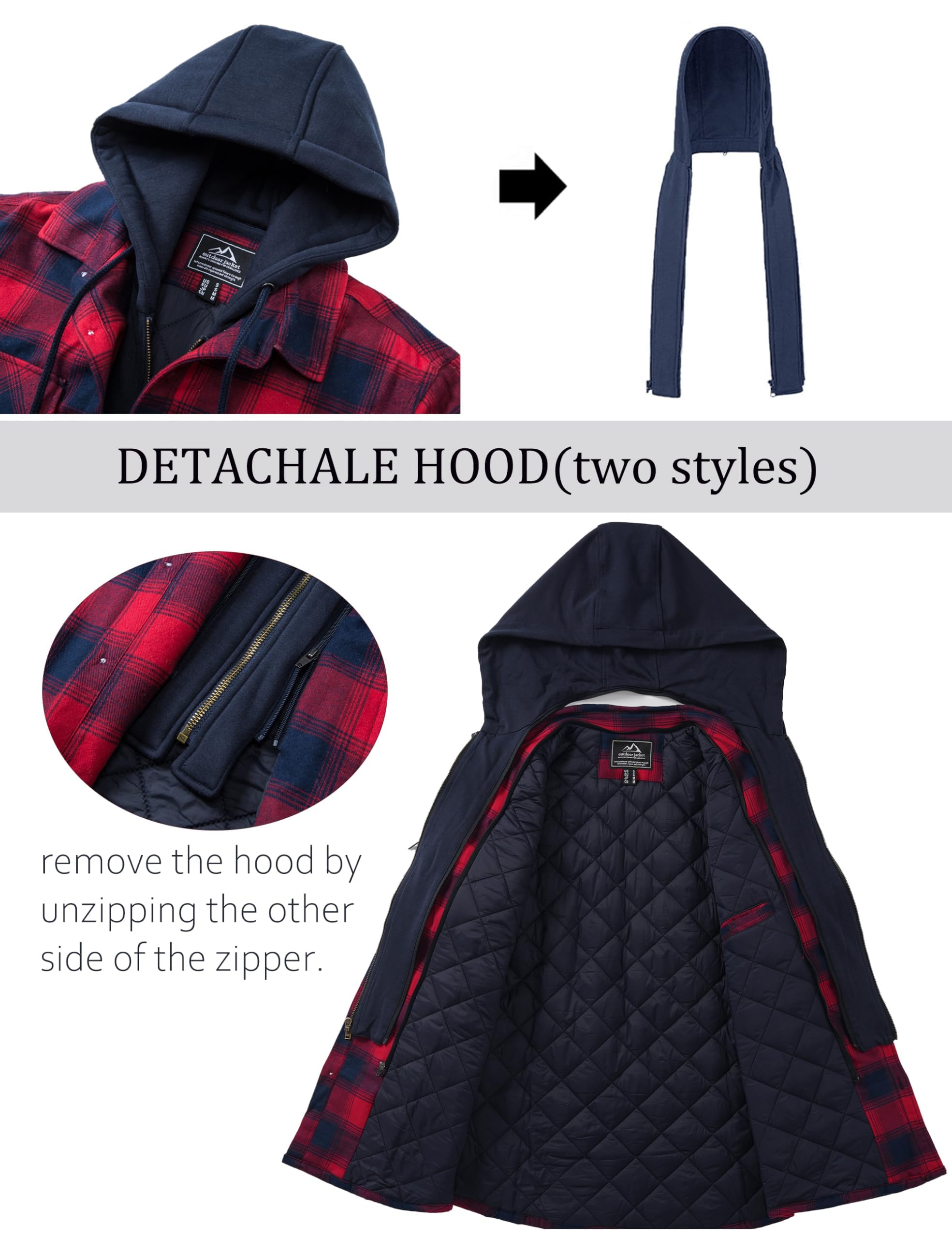 TACVASEN Herren Kariert Hemdjacke Gefüttert Holzfällerhemd Flanellhemd Übergangsjacke Freizeithemden mit Abtrennbare Kapuze