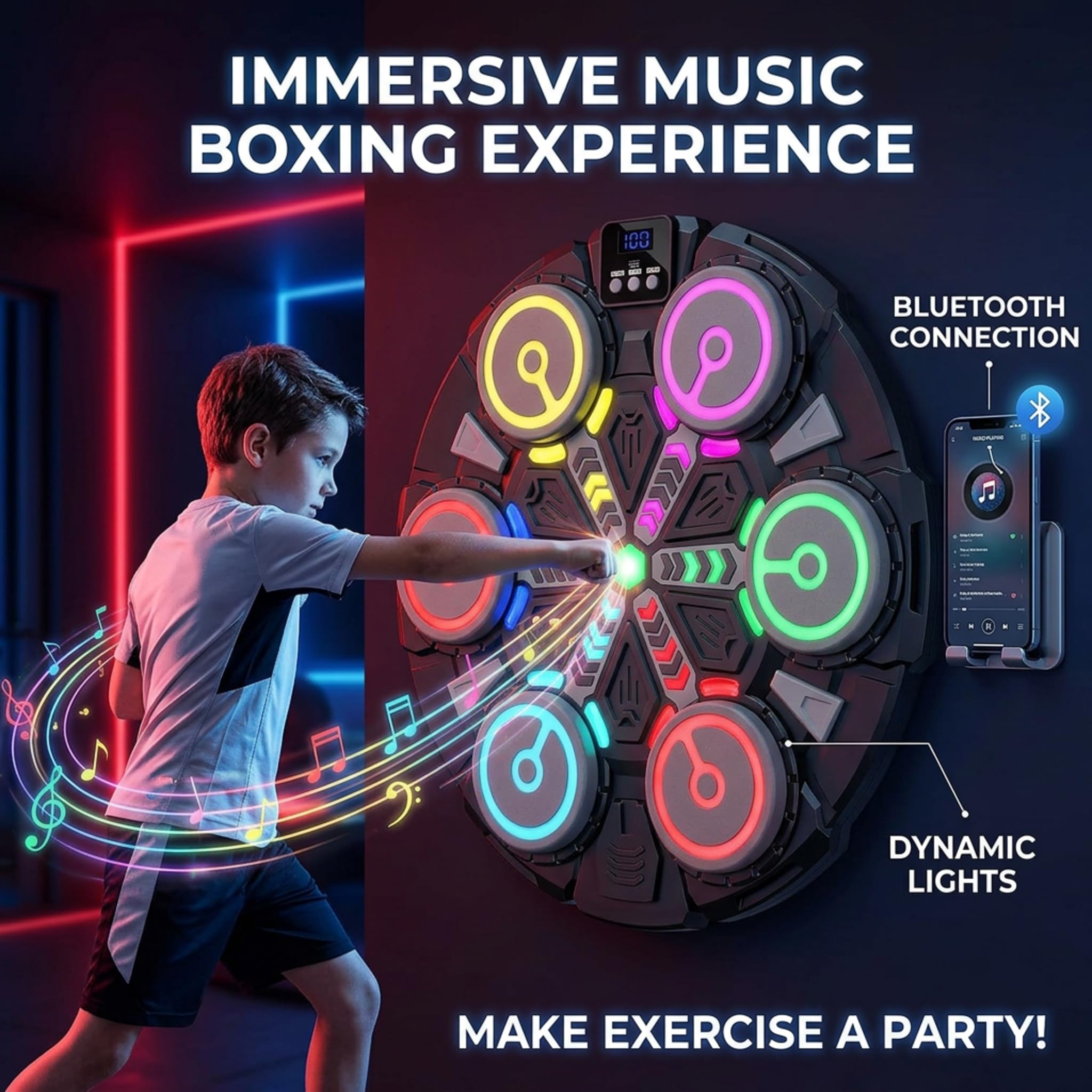 Music Boxing Machine, Boxen Kinder mit Boxhandschuhen, Farblichter, Bluetooth, Reaktionstraining Sport Geräte für Zuhause, Musik Box Maschine für Erwachsene und Kinder, Indoor und Fitnessstudios