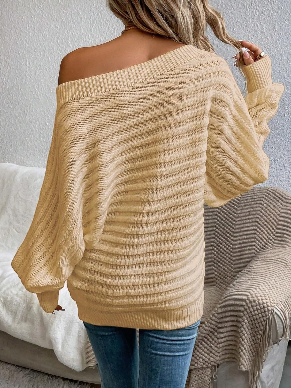 ZAFUL Womens Fall Sweaters Off The Shoulder Batwing Sleeve Textured Knit Tops Oversized One Shoulder Sweater - Image 6