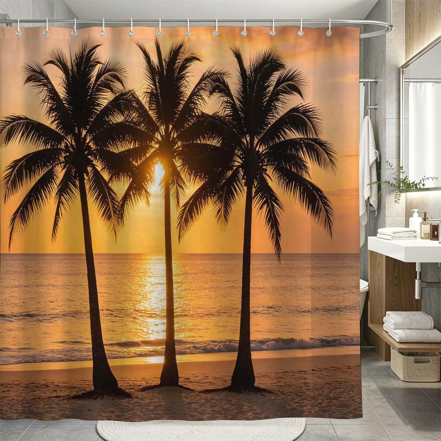 Rideau de Douche Anti Moisissure Palmier, Rideau de Bain Coucher de Soleil sur la Mer 3D Rideaux de Douche en Polyester, Imperméable, Lavable en Machine, avec Crochets, 300 x 200 cm 77-YLP