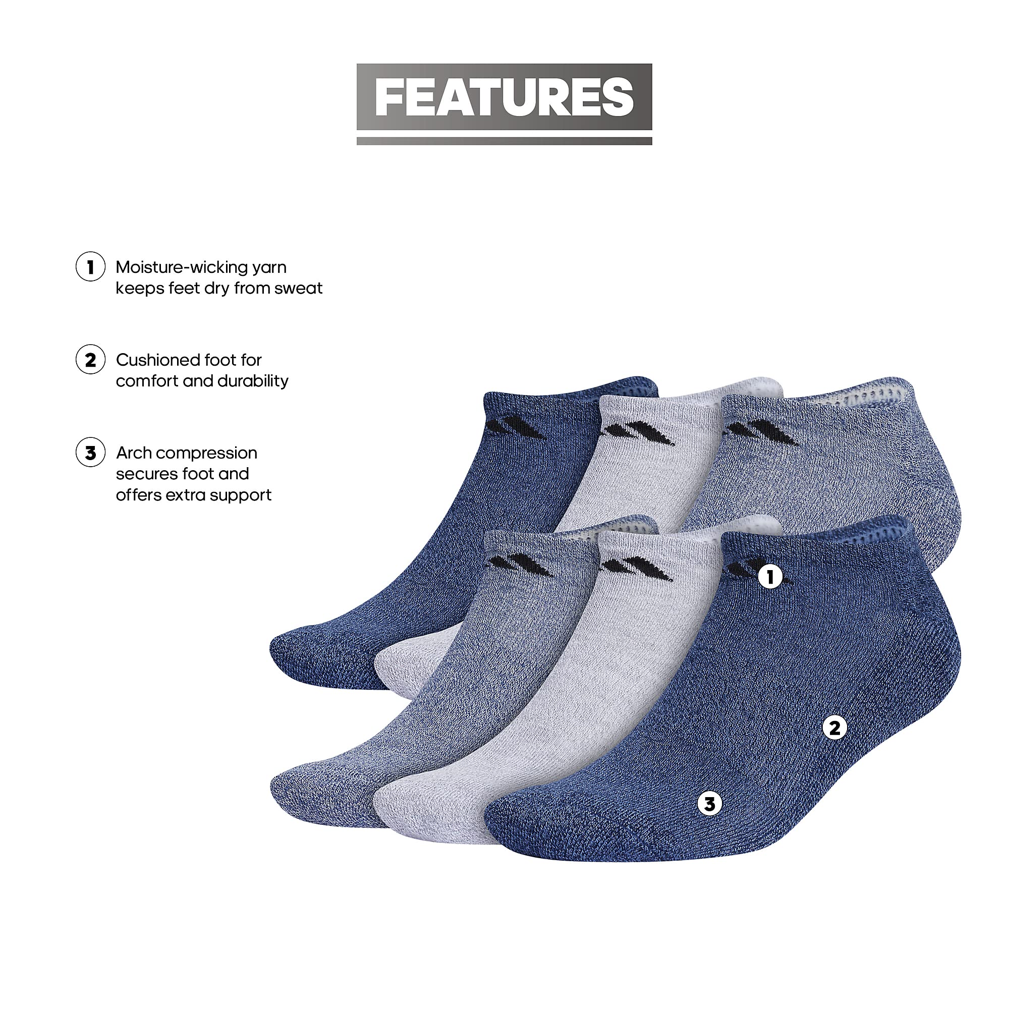 adidas Men's Athletic Cushioned Socks, 6-Pack No Show with Arch Support, Tech Indigo Blue/Grey/Collegiate Navy, Large