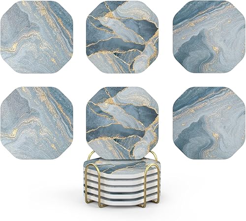 Miniatura 6 de UMIRRO Posavasos de cerámica y piedra absorbentes con soporte para mesa de café de madera Decoración, Posavasos de gres para tazas para bebidas 05.