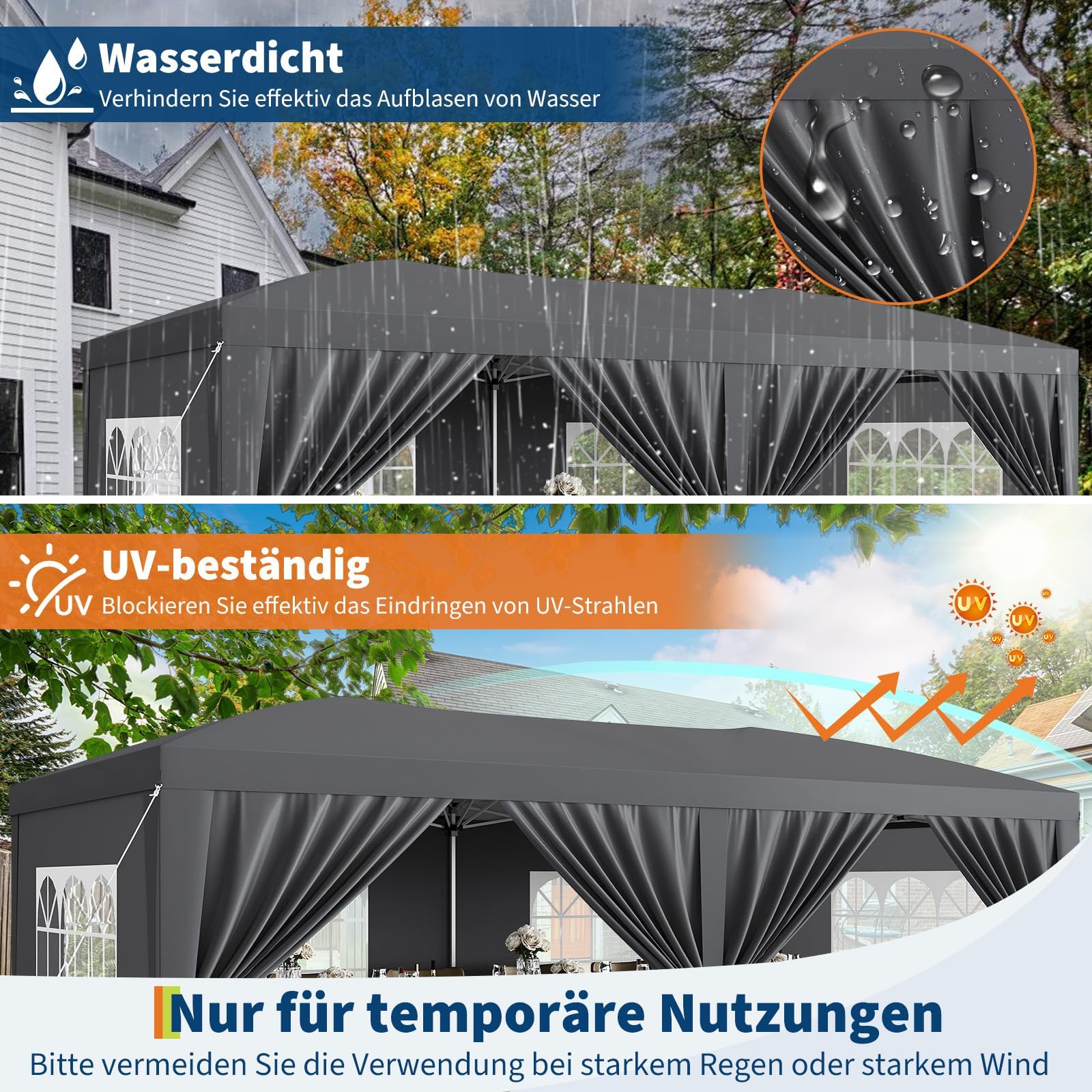 Heavy Duty Pavillon 3x6 m Mit 6 Abnehmbaren Seitenwänden, Easy Pop Up Kommerzielle Partyzelt, Große Außenüberdachungen Mit 3 Verstellbaren Höhen, Dunkelgrau, 210D