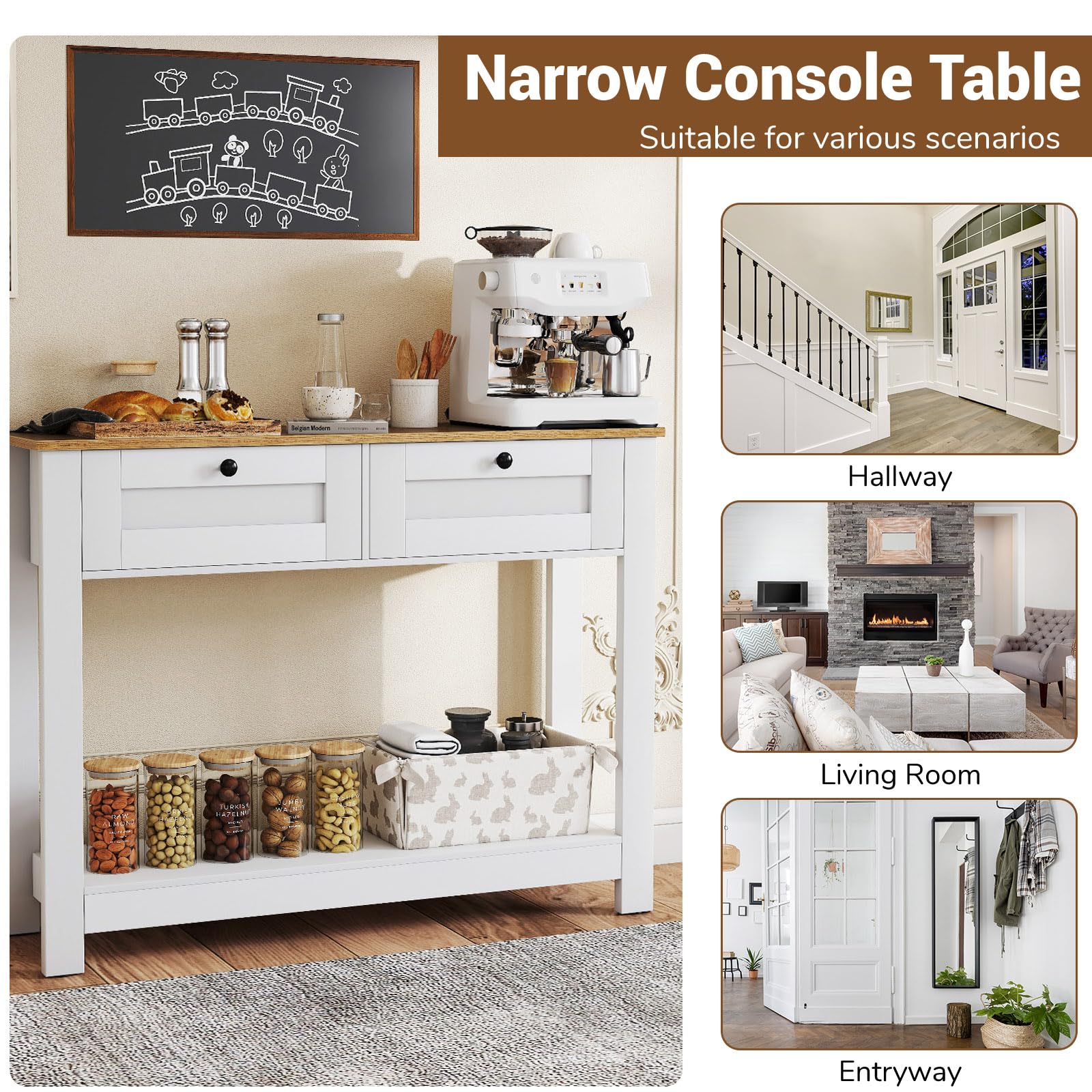 LIFEZEAL Tavolo Consolle, Console Bianca in Legno, Tavolo d’Ingresso a 2 Ripiani, con 2 Cassetti, Antiribaltamento, Moderno, Corridoio, Entrata, Soggiorno, Dietro Divano, Max 80 kg, 106x30x81,5 cm