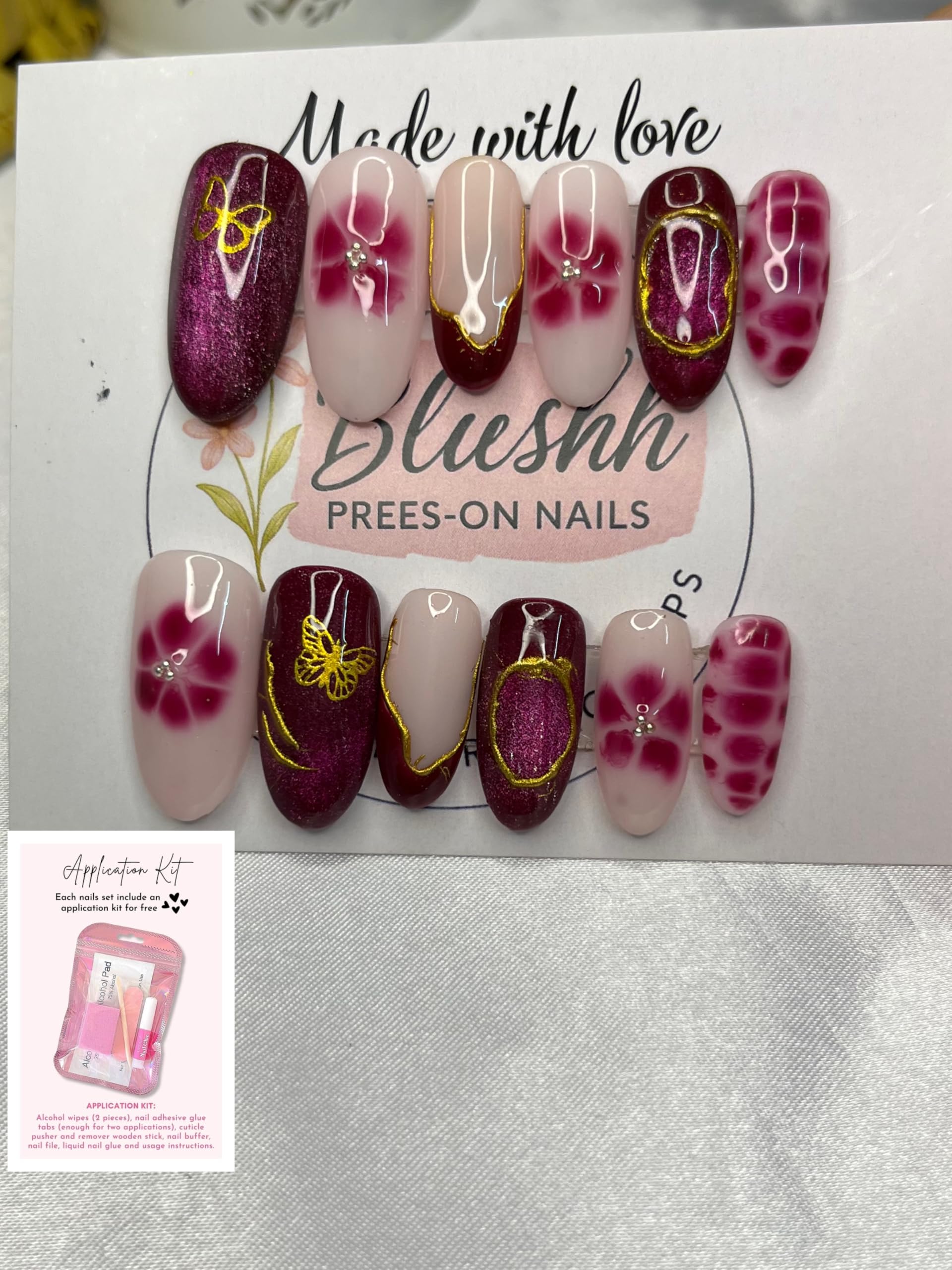 Blueshh Press-on Nails Set, Burgundy and Pink Floral Design with Gold Butterfly Accents, includes Application Kit-image-31
