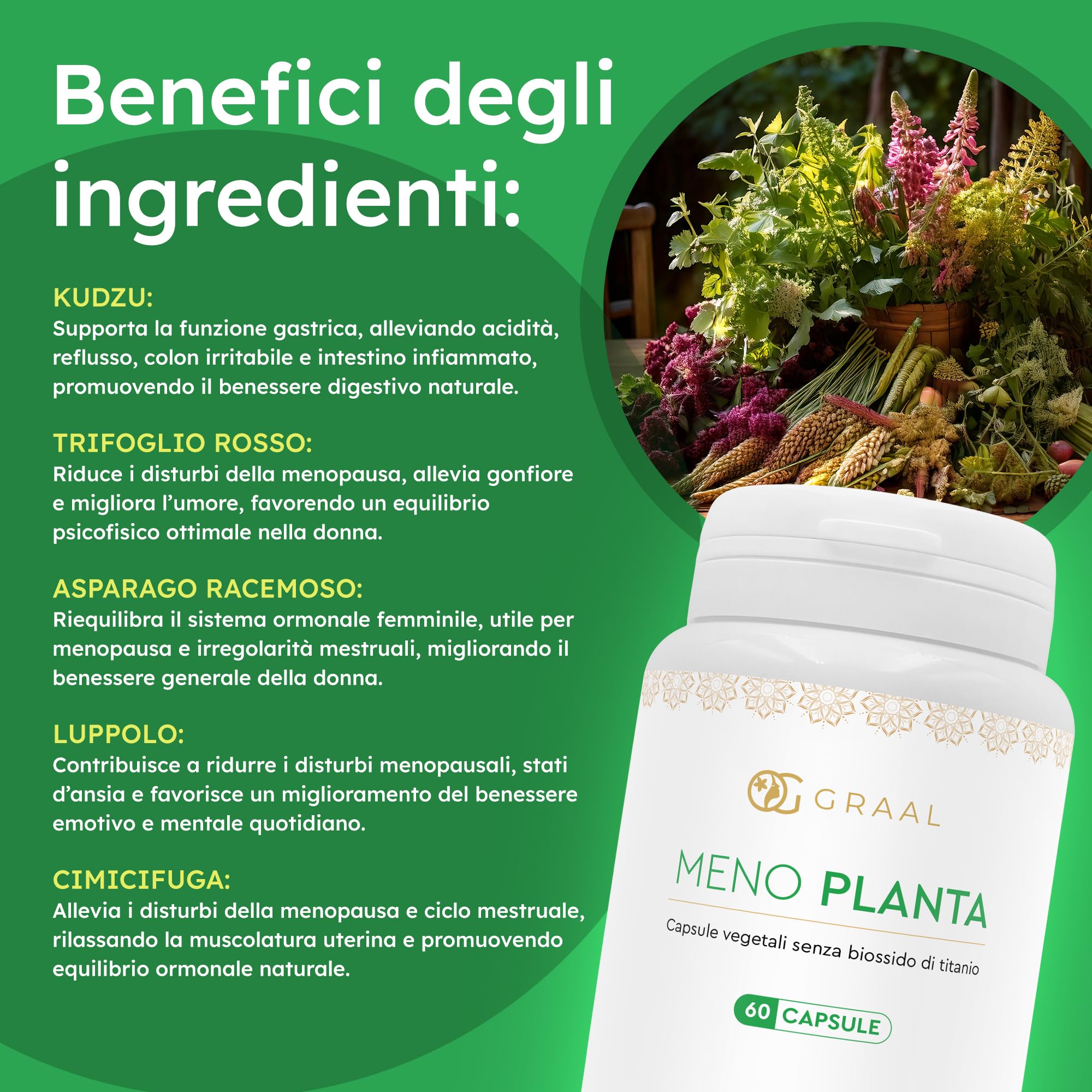 Graal Menopausa Integratori: Sollievo per Vampate e Sintomi con Ingredienti Naturali, i Migliori Rimedi per una Menopausa Confortevole e Rilassante.