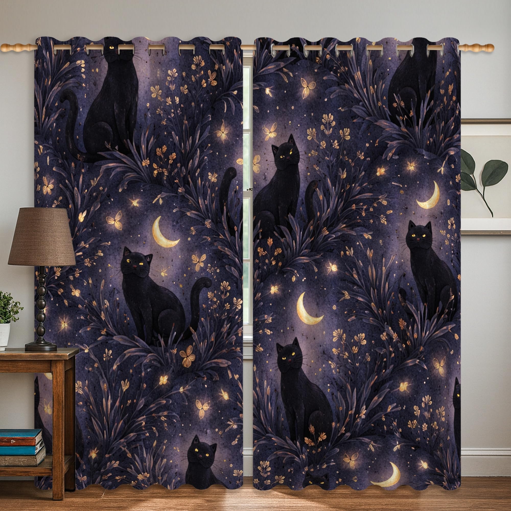 Rideau occultant thermique chat lune noir 106x160 cm fenêtres salon