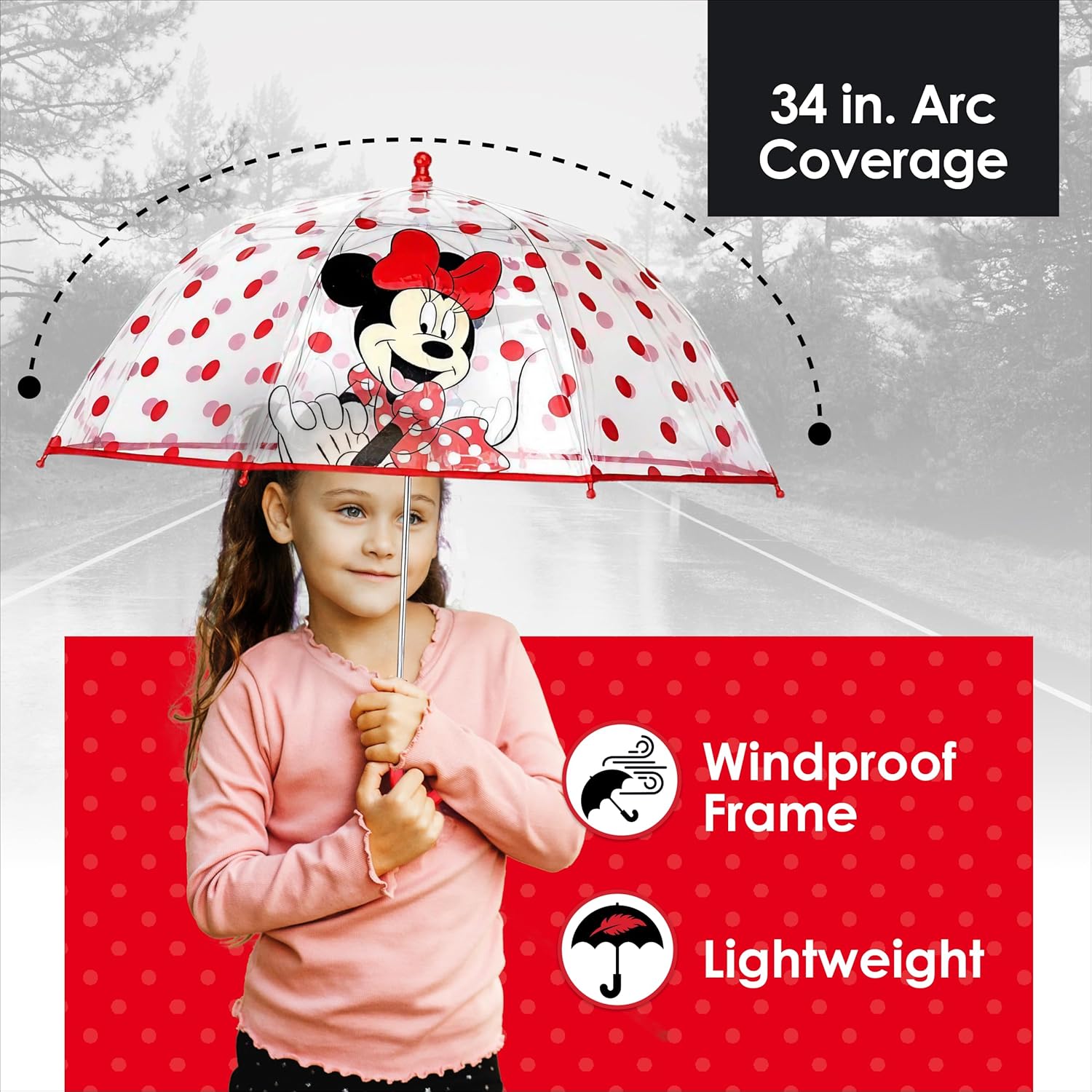 ABG Accessories ABG girls Kids Clear for Rain Girl's, Transparent with an Easy Grip Handle, Dome Windproof, Bubble Umbrella, Minnie Mouse, Age 3-10 US - Image 3