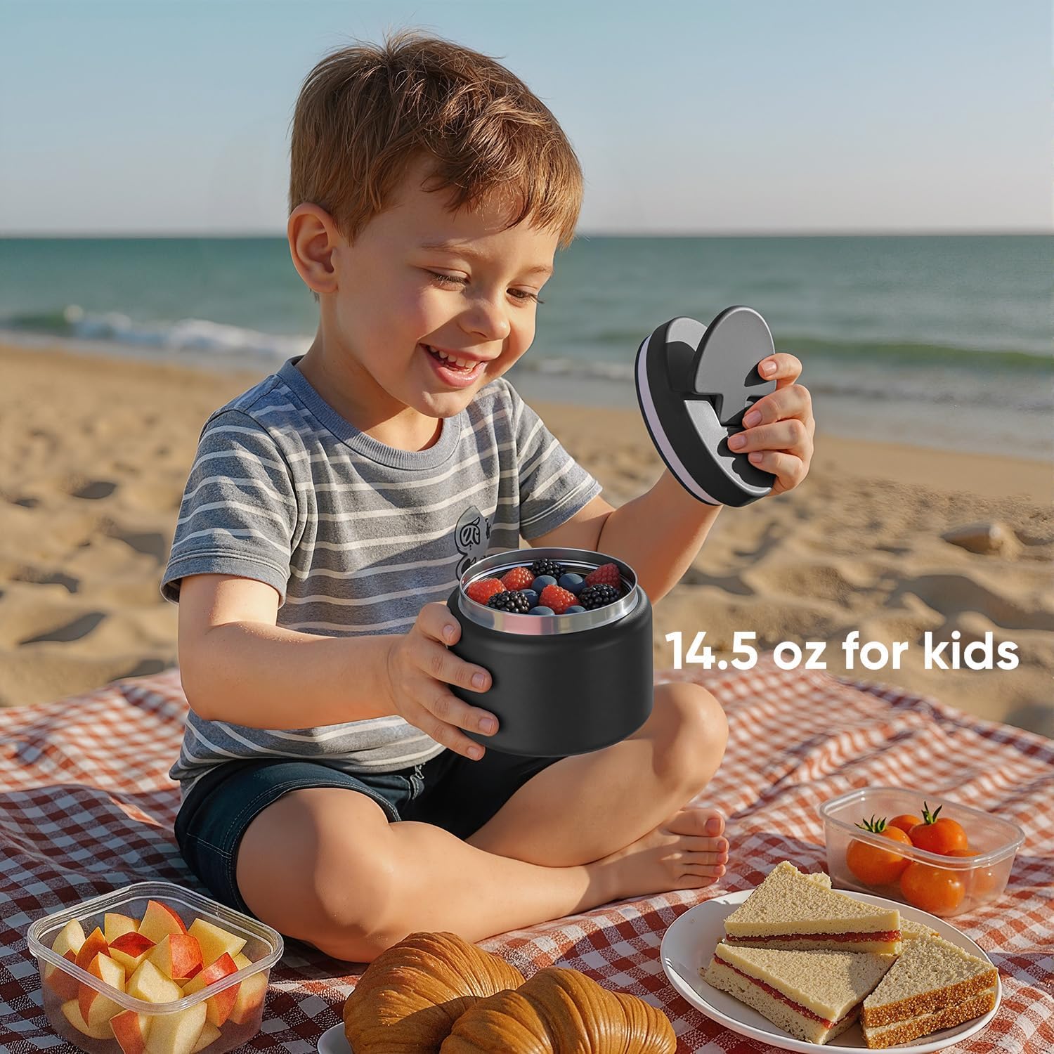 14.5oz Soup Thermo for Hot Food Kids Vacuum Insulated Food Jar Twist-Free Soup Thermo for Hot Food Kids Leakproof Stainless Steel Wide Mouth Lunch Container (Black)