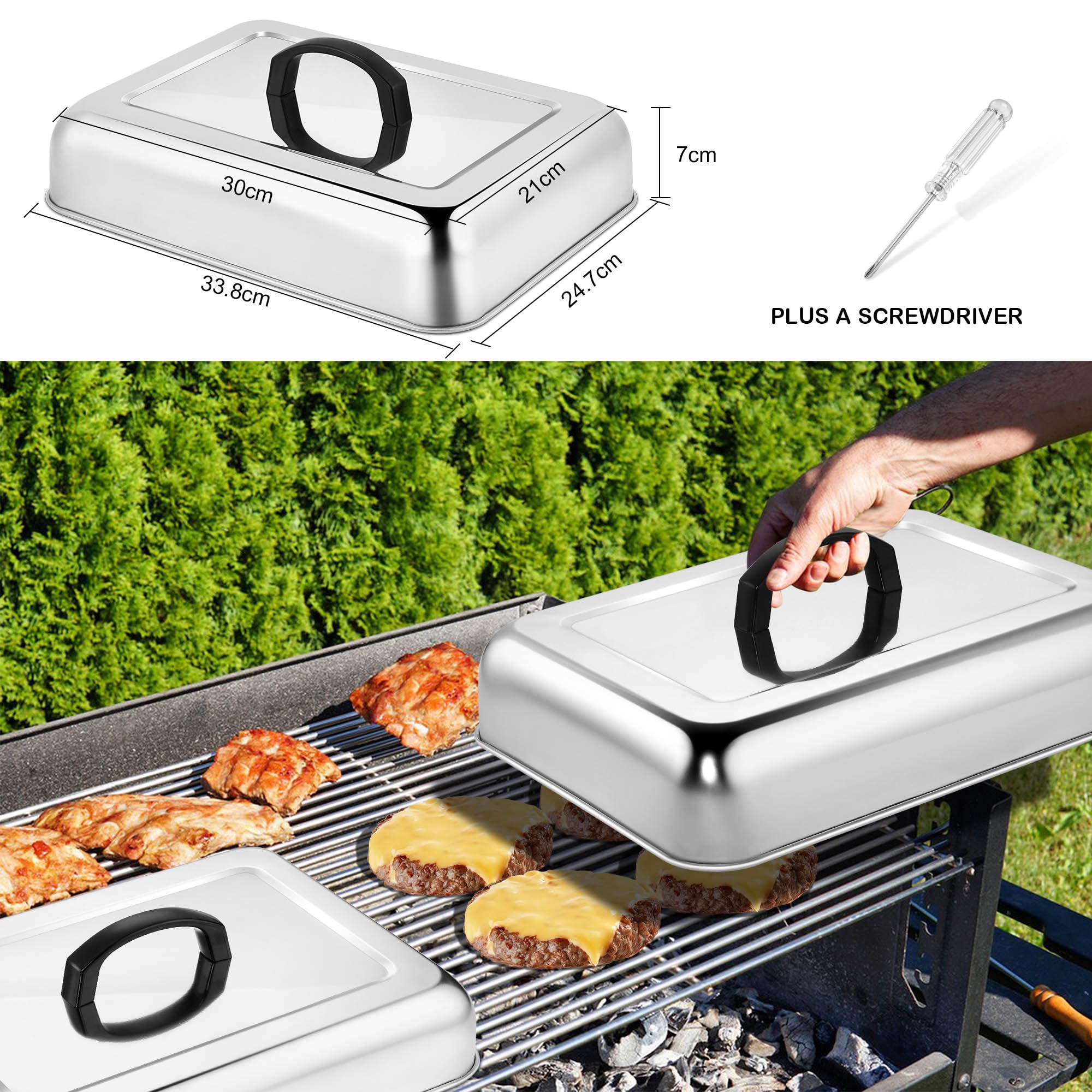 Joyfair Set di 2 coperchi rettangolari in acciaio INOX per badigeonare il vapore con manico resistente al calore, coperchio per hamburger per barbecue Teppanyaki a tetto piatto, cottura