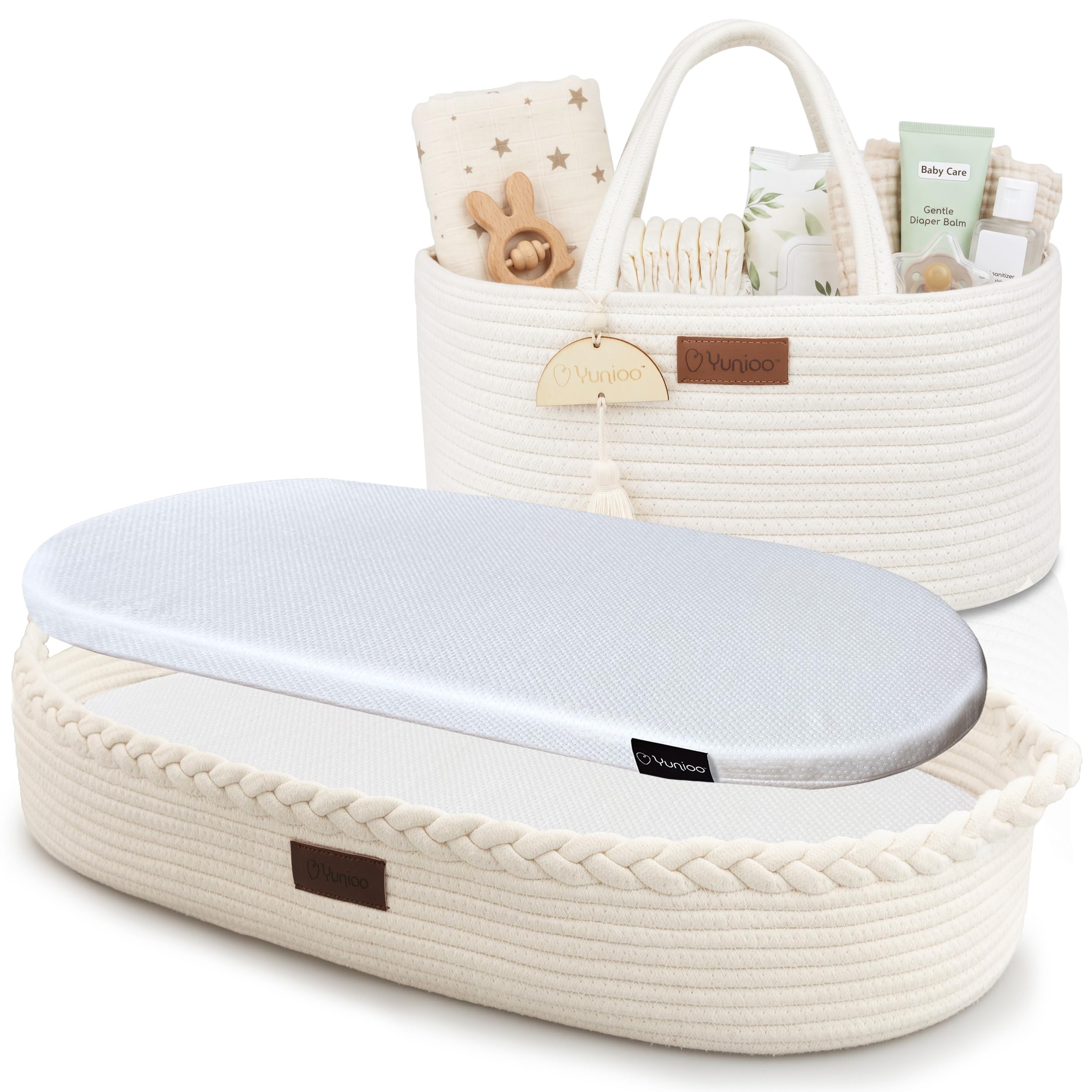 Yunioo Bundle Fasciatoio Neonato con Materassino Impermeabile + Organizer Cestino Porta Pannolini in Corda di Cotone – Set Fasciatoio Completo Regalo Nascita