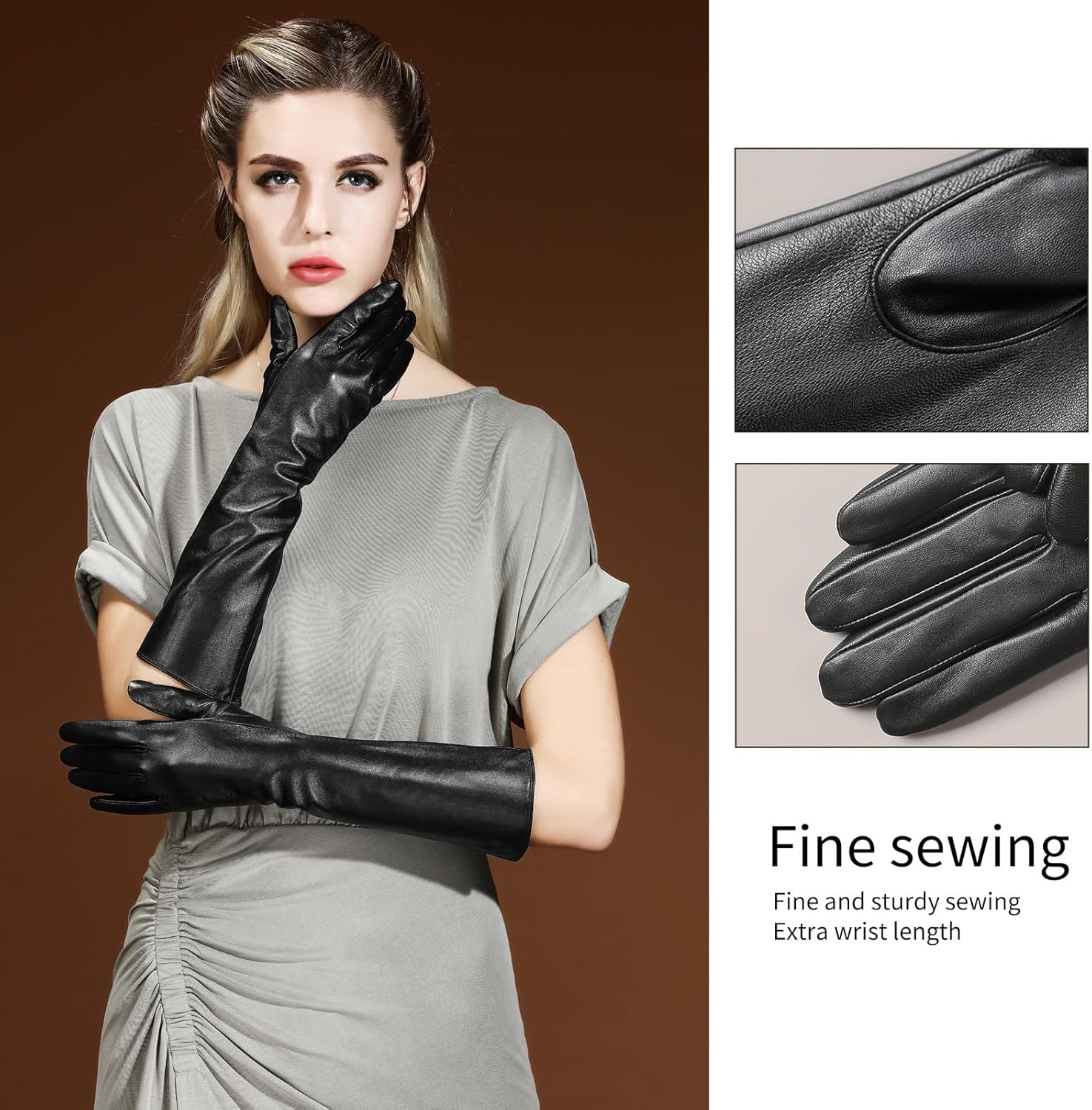 #&? HASHTAG AND WHAT Women's 40cm Long Leather Gloves, Black Real Sheepskin with Silk Lining, Full-Hand Touchscreen - Image 4