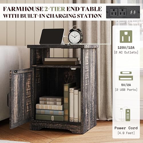 Miniatura 5 de AMERLIFE El juego de mesa de granja de 3 piezas incluye mesa auxiliar y dos mesas auxiliares, mesa auxiliar con estación de carga y puertos USB,