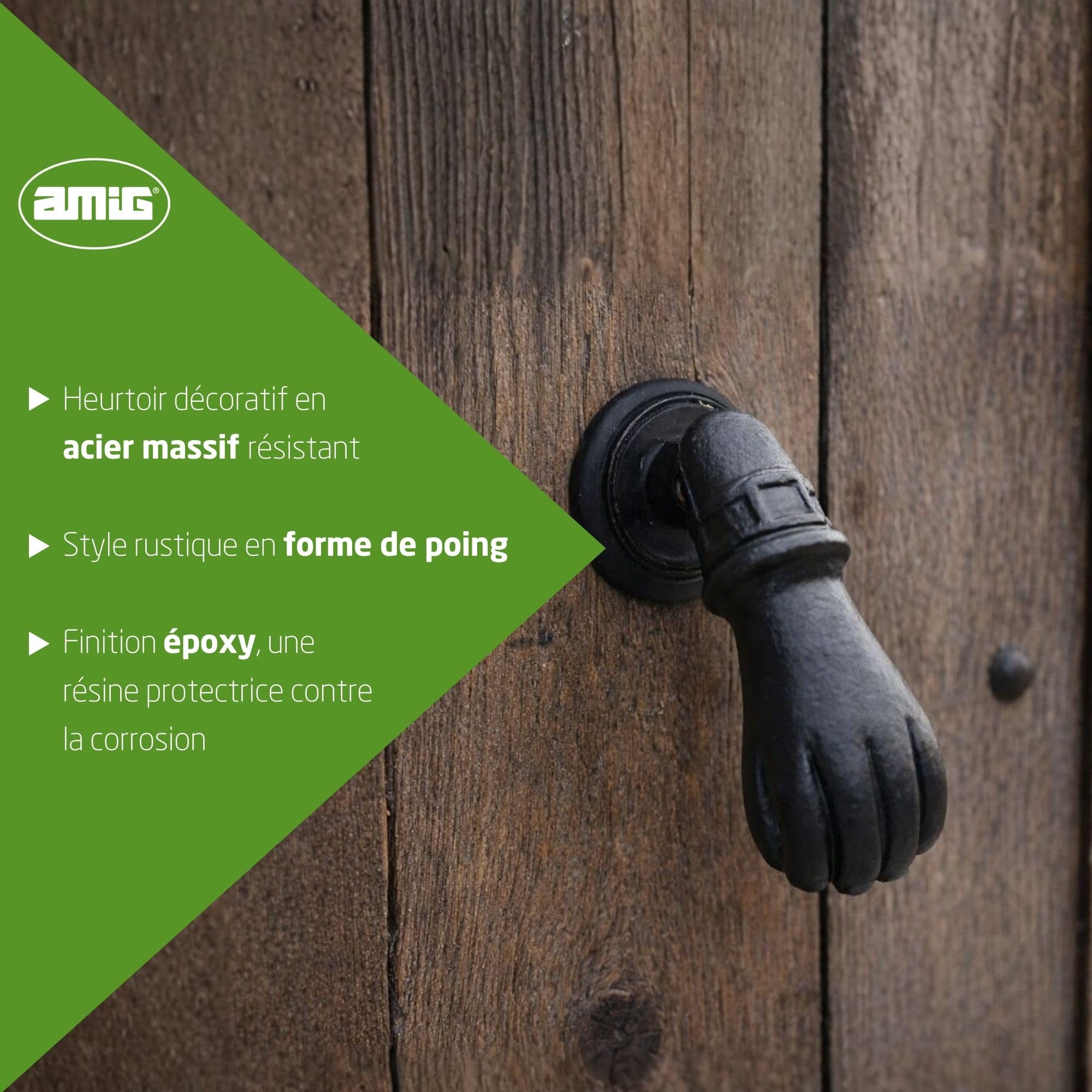 Amig - Heurtoir de portes d’entrée extérieures ou intérieures - noir - en forme de poing, style rustique - 113 x 54 mm - heurtoir en acier massif finition époxy - noir - anti-corrosion