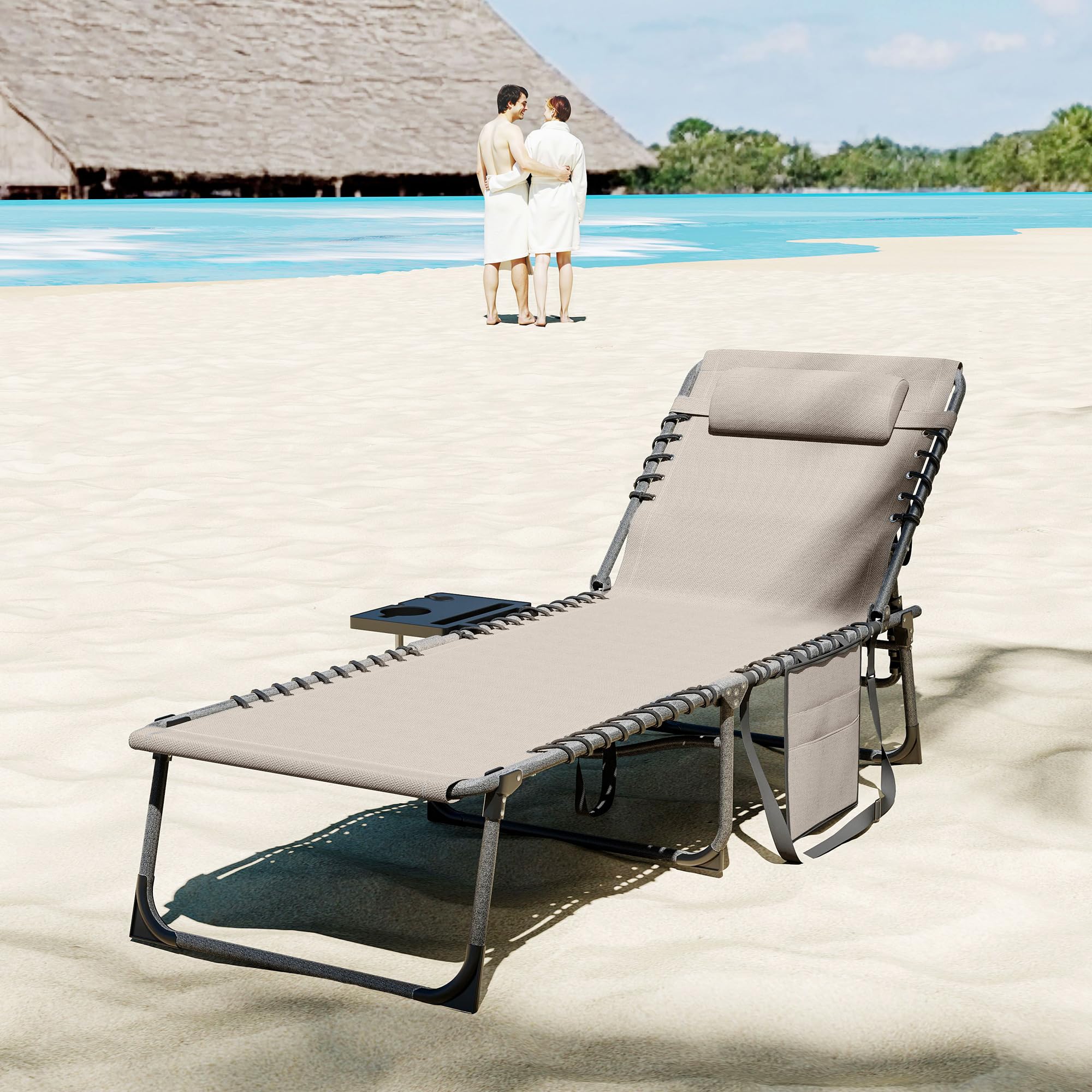 Outsunny Tumbona Plegable, Tumbona Jardín Exterior con Respaldo Ajustable, Reposacabezas, Bolsillo Lateral, Bandeja y Estructura de Acero, Carga 120 kg para Terraza Piscina Playa, 190x60x31 cm, Crema