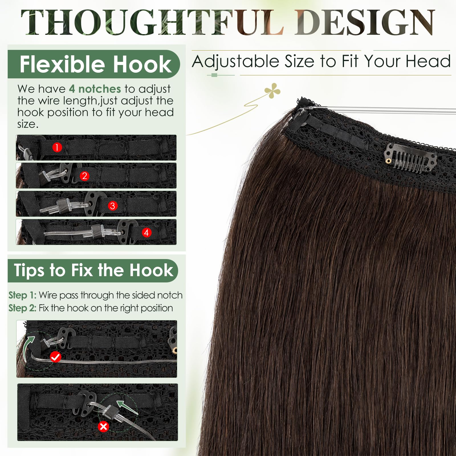 Elailite Invisible Wire Hair Extensions Real Human Hair Brown Clip In One Piece Secret Wire Extension Band Straight Thick - Image 4