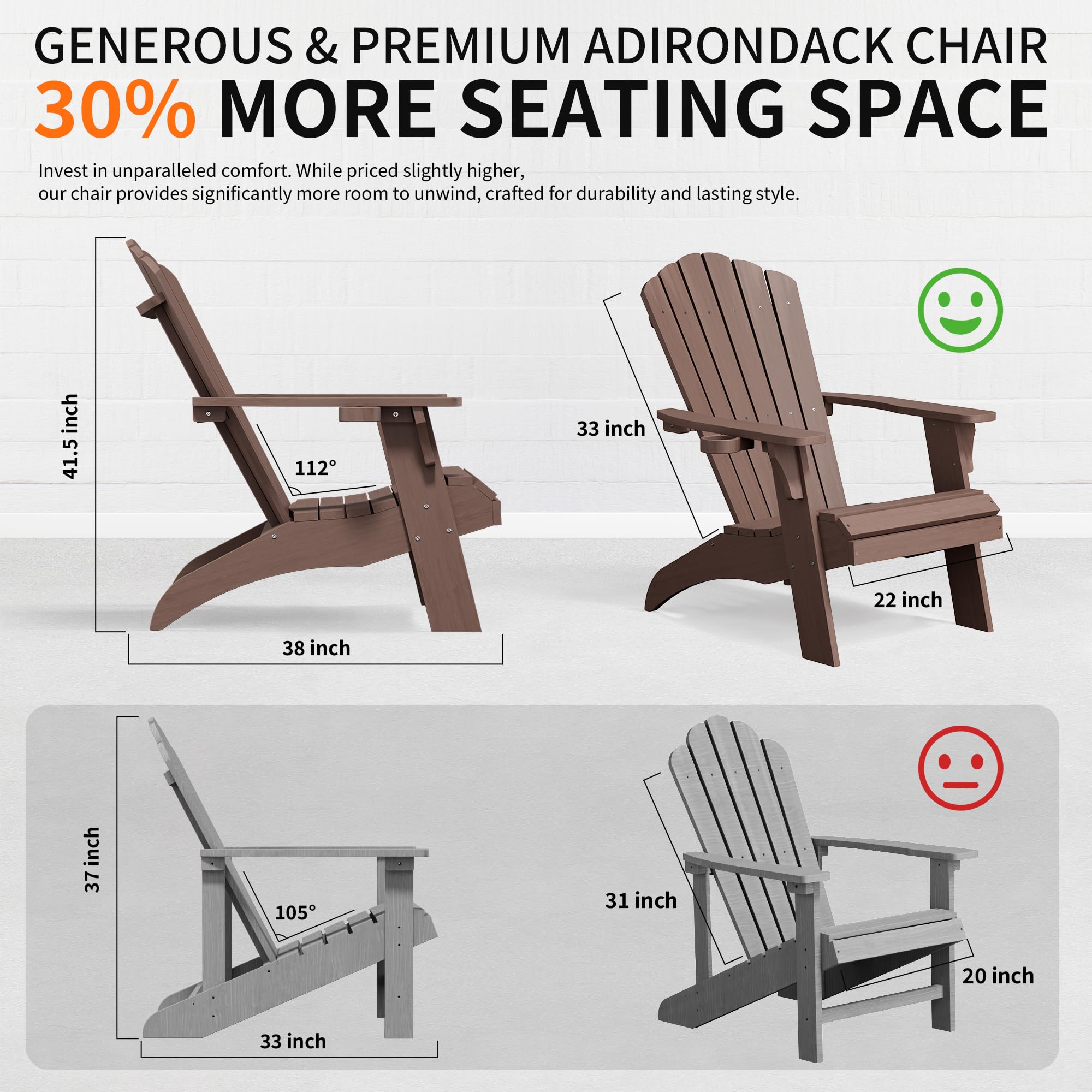 Psilvam Adirondack - Silla de gran tamaño para hoguera de madera de polietileno con soporte para tazas, sillas de patio de apoyo de 350 libras para jardín, asientos al aire libre resistentes a la