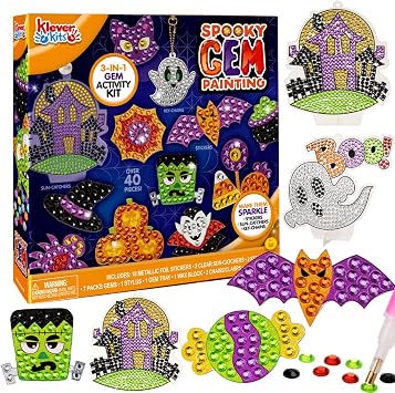 Klever Kits Halloween Gem Diamond Art Kit, Kids Halloween Crafts Party Supplies, Diamond Art Kit with Stickers, Suncatchers, and Keychains, Party Favor DIY Activities School Game Goodies Gift