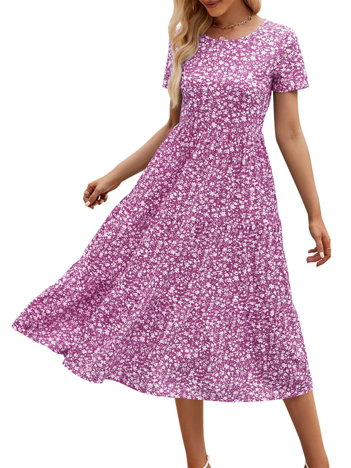 Sureple Spring Round Neck T Shirt Dress for Women Short Sleeve Midi Length,Swing Tiered Bobydoll Dresses with Pockets