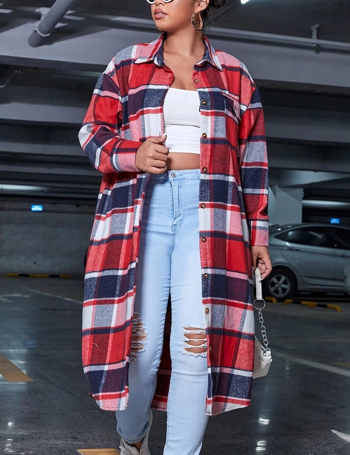 Himosyber Women's Casual Plaid Lapel Woolen Button Up Pocketed Long Shacket Coat - Image 4
