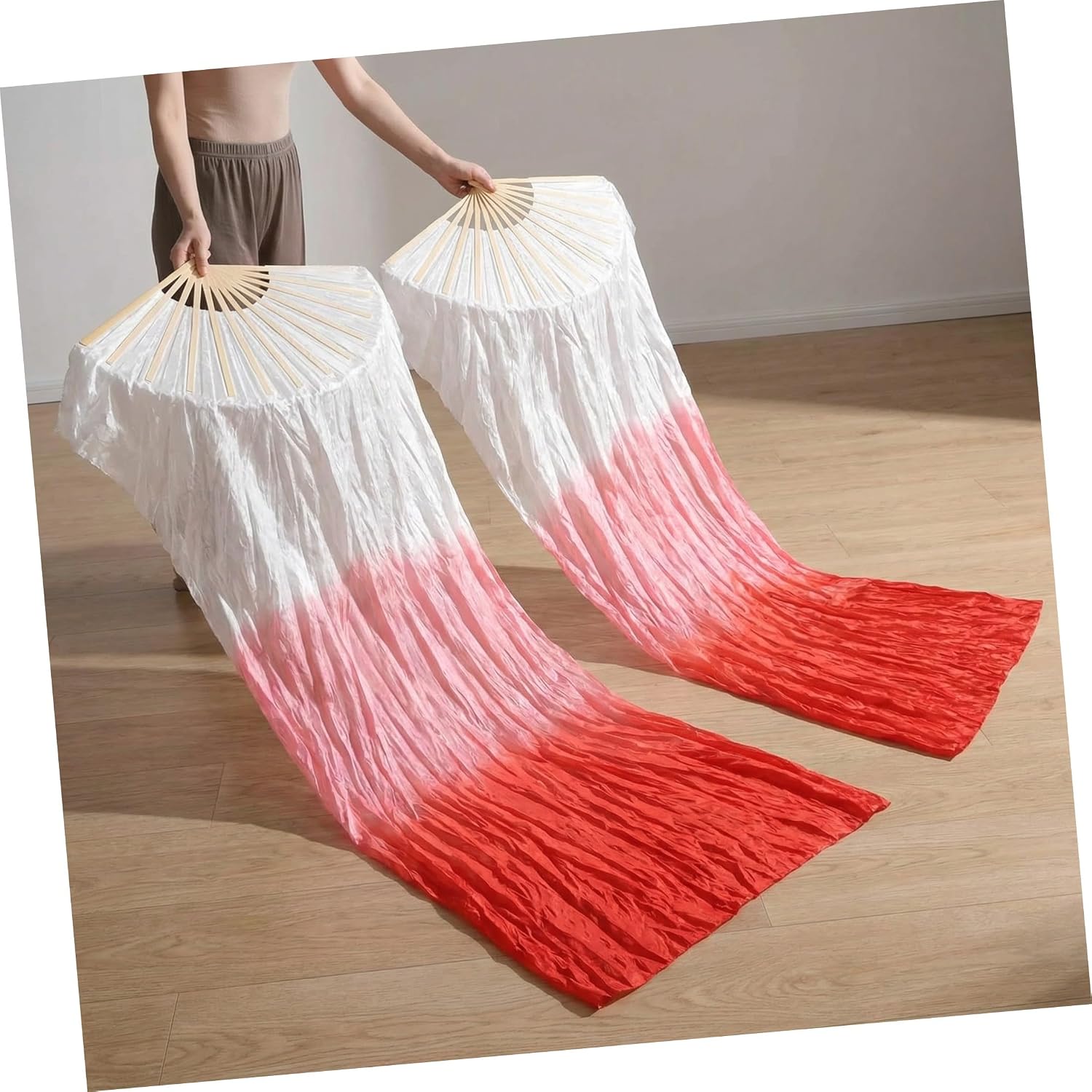 SHOWERORO 2pcs Gradient Color Long Silk Dance Fans Large Handheld Fabric Veil Fans for Belly Dance Performance 1.8m Length Left Right Hand Use for Outdoor and Stage Shows