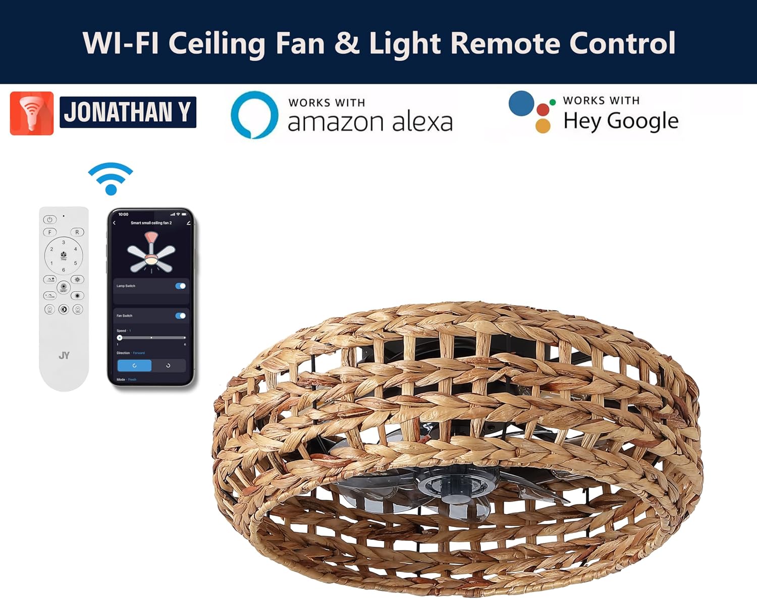 JONATHAN Y 20.25" Black and Brown 4-Light Iron and Seagrass Lantern Ceiling Fan, 6-Speed Coastal Bohemian Fandelier with Remote and App Control, LED Bulbs Included JYL9733A
