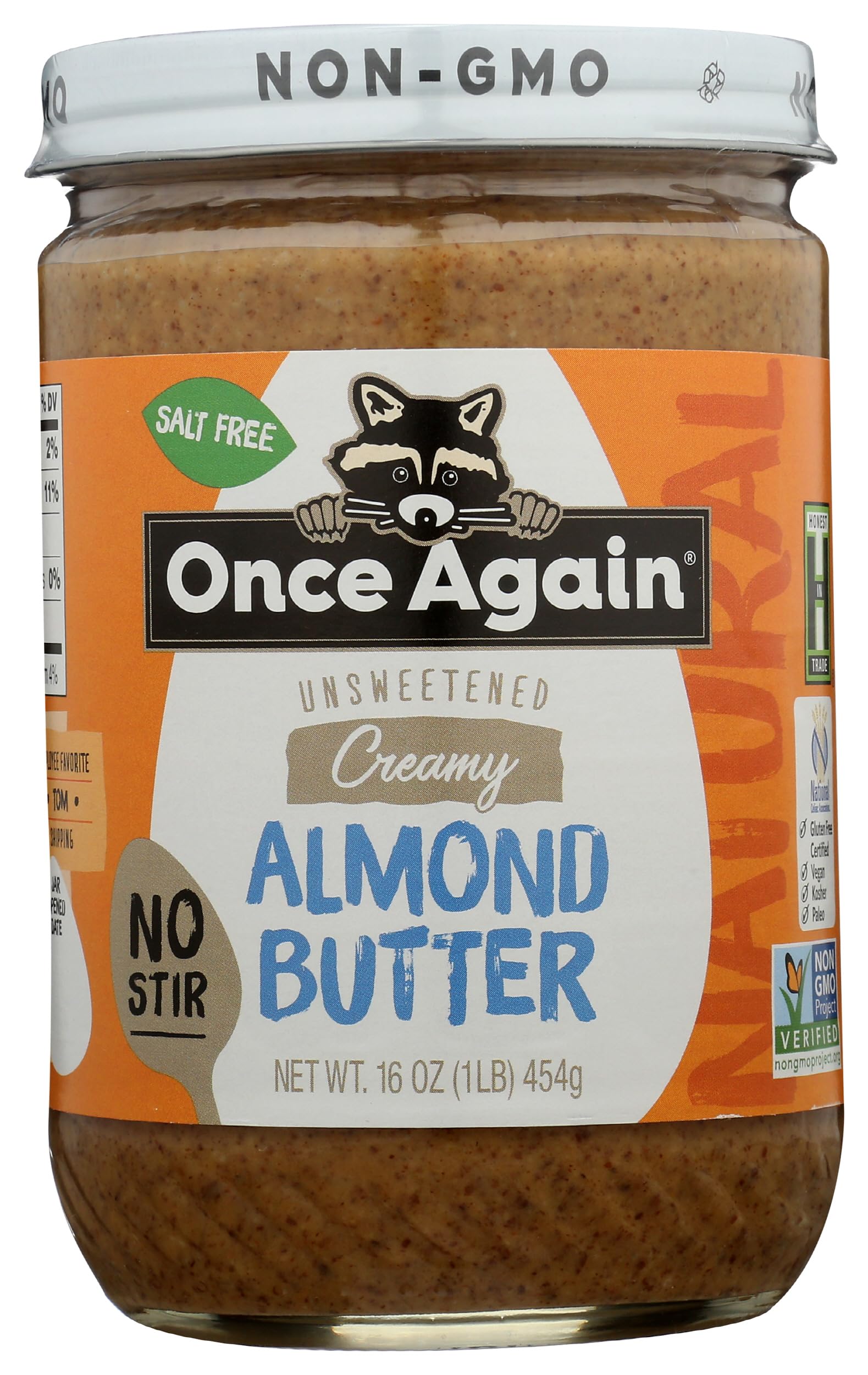 Once Again Natural Creamy Almond Butter, 16oz - American Classic, No Stir - Salt Free, Unsweetened - Gluten Free Certified, Peanut Free, Vegan, Kosher, Paleo - Glass Jar