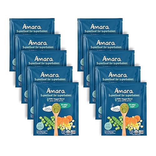 Amara Alimento orgánico para bebés  Etapa 2  Guisantes, maíz y zanahorias  Cereal para bebé para mezclar con leche materna, agua o fórmula para