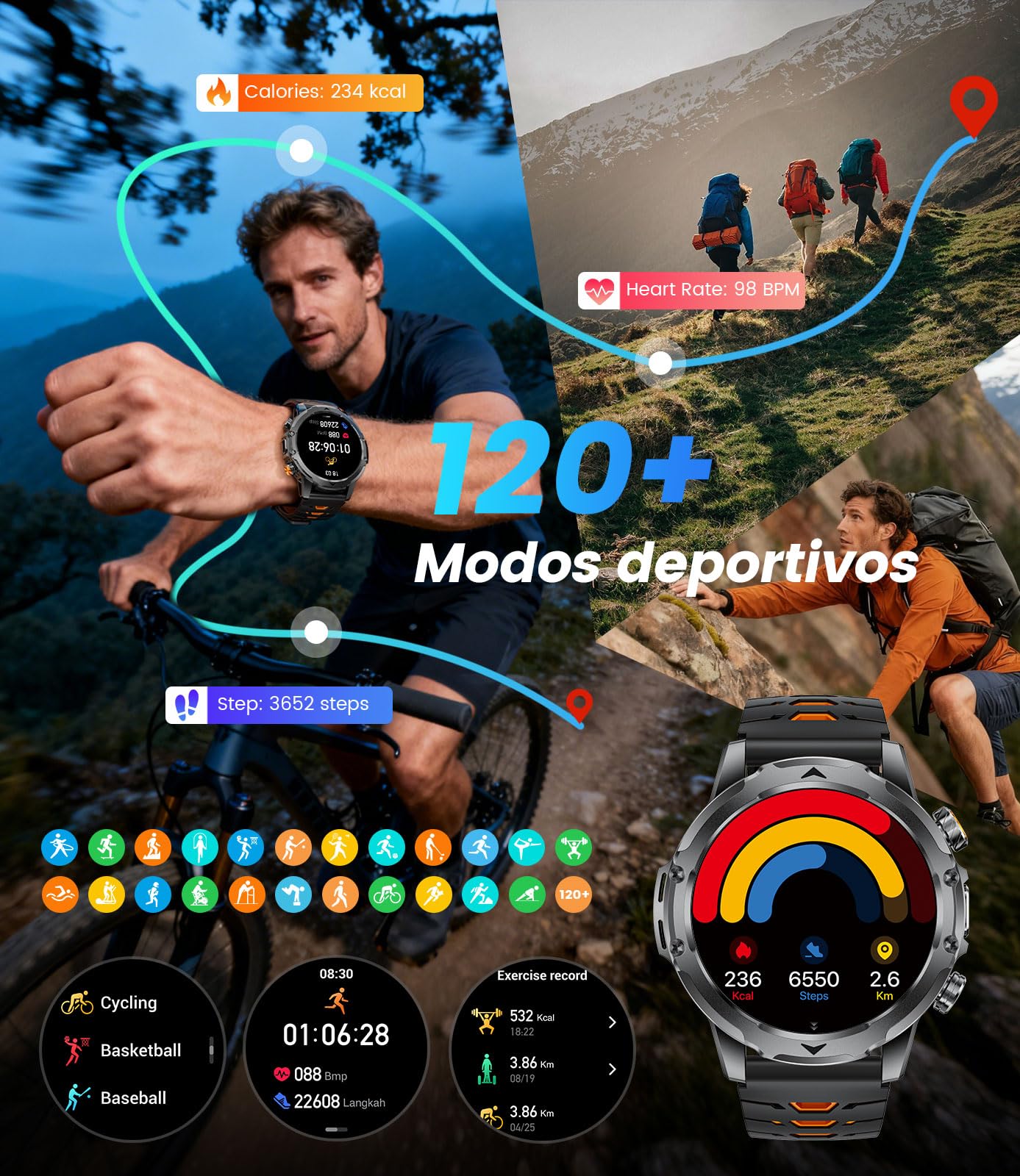Reloj Inteligente Hombre Militar LED Linterna/1000mAh Batería/3 Correas, 1.53"Smartwatch Hombre con Llamadas, 120+ Modos Deportivos, 5ATM Impermeable Pulsómetro Podómetro Android iOS Negro Acero