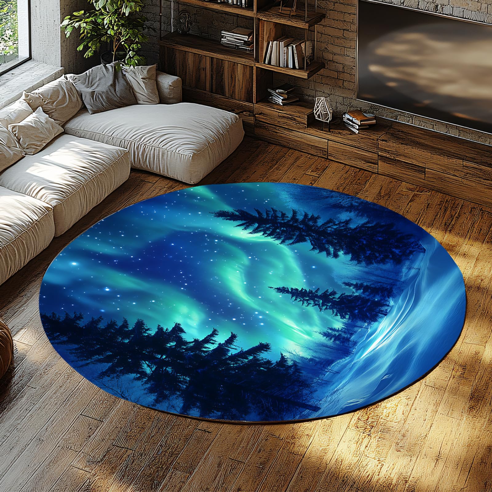 Tapis de sol rond bleu doux Aurora Forest 160cm de diamètre