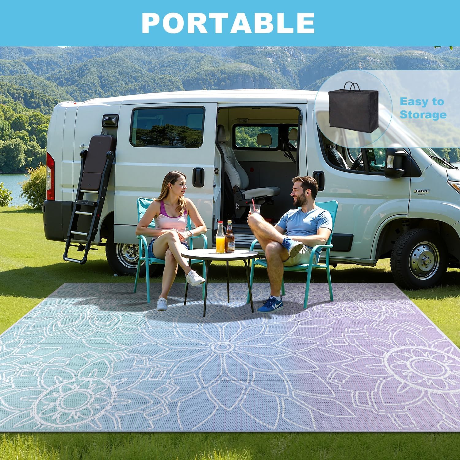 LOKHOM Outdoor Rug for Patio 5x8 ft Reversible Plastic Straw Patio Camping Rug, Floral Waterproof RV Mat for Camper Indoor Outdoor Carpet for Deck Porch Picnic Beach Balcony Backyard, Blue-Purple