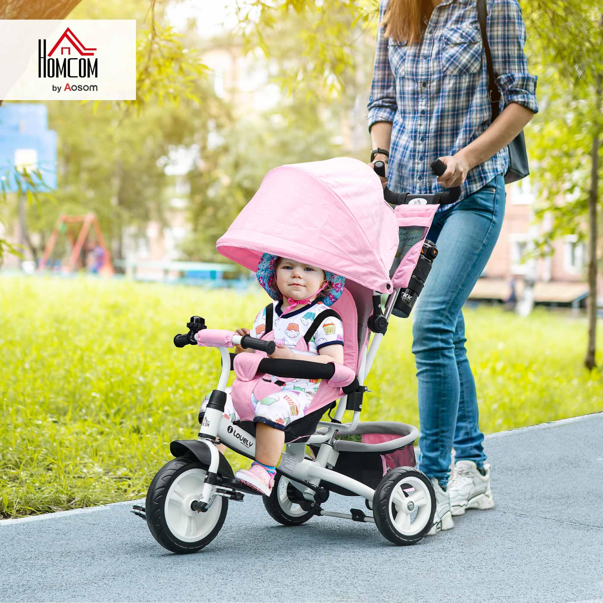 HOMCOM Triciclo para Bebés Triciclo Evolutivo para Niños con Toldo Plegable Mango de Empuje Telescópico y Desmontable Bolso para Mamá y Portabotellas 102x49x102 cm Rosa