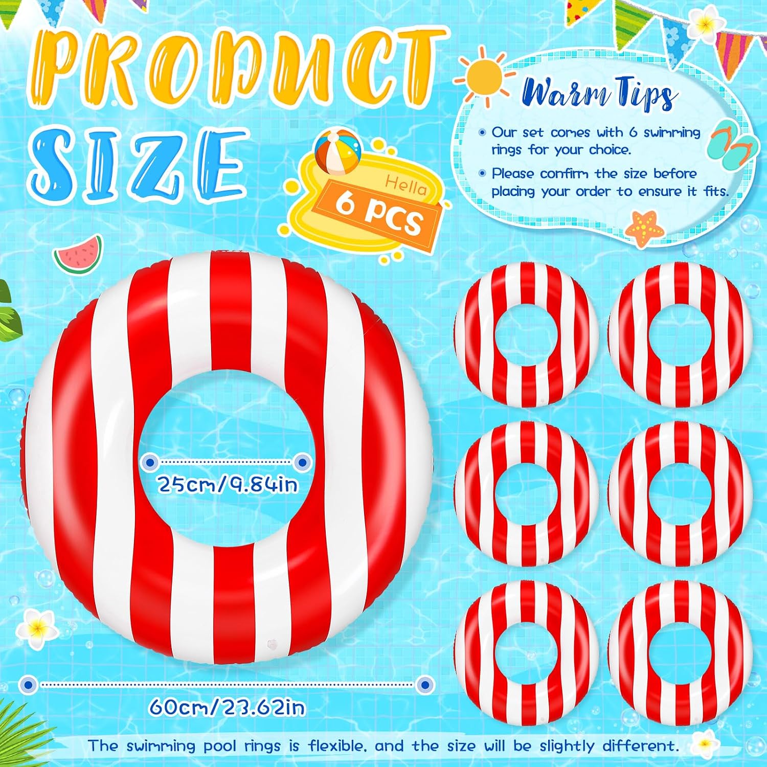 Skylety 6 Pcs Carnival Party Decorations Inflatable Pool Floats, 24" Red and White Striped Swim Tubes for Circus Theme Birthday Party Decorations, Summer Beach Plool Water Supplies
