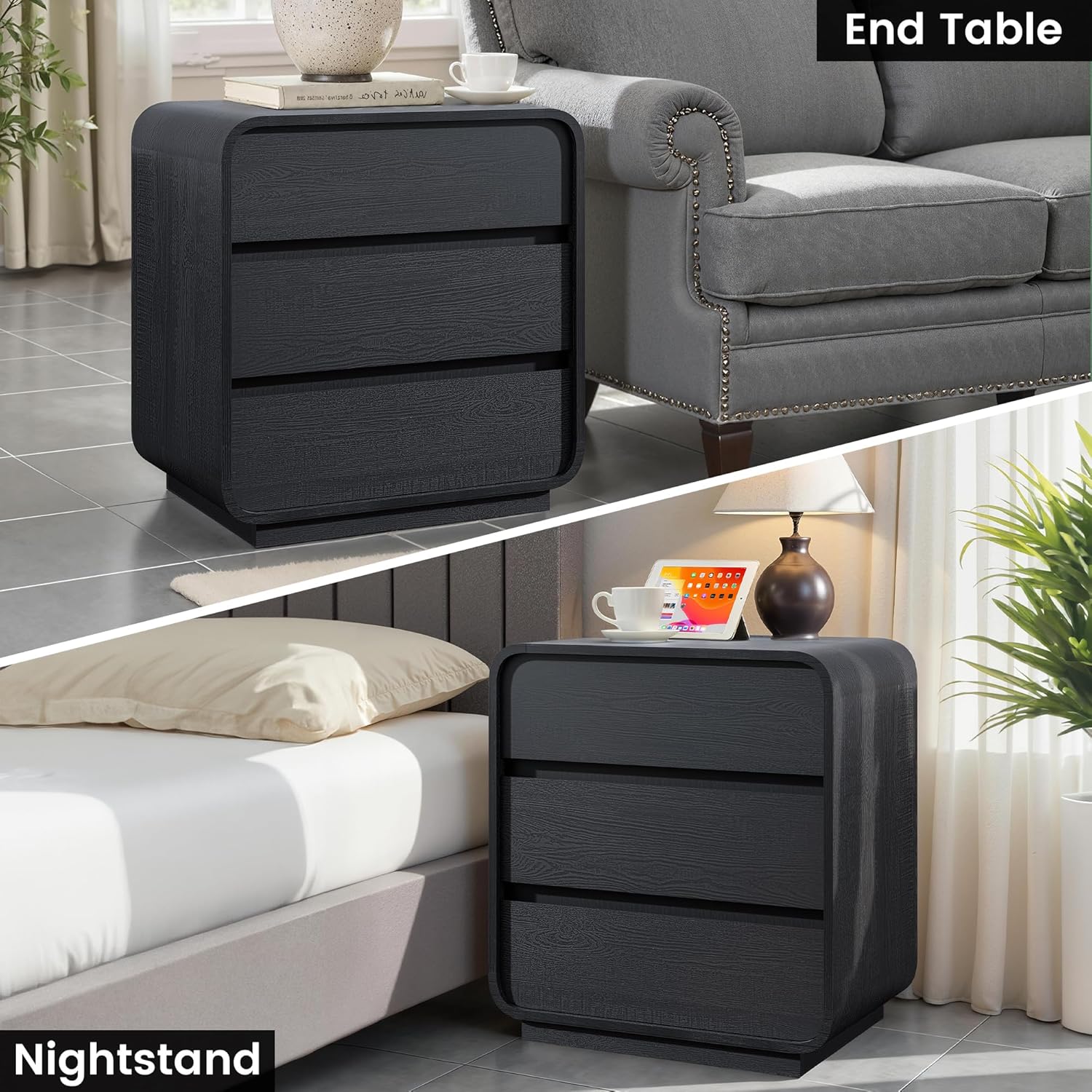 Modern Black Nightstand with Charging Station, 25" Tall Wood Bedside Table, End Table with 3 Storage Drawers, Curved Profile Night Stand for Bedroom, Dorm, Sofa, Office