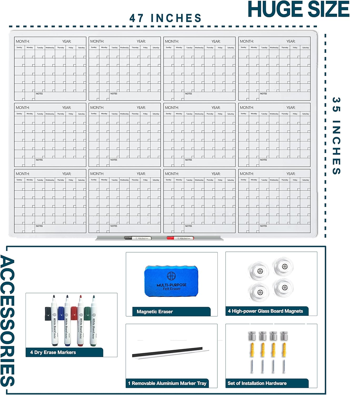 J&J worldwide Magnetic Yealy Calendar Glass Whiteboard 47x35 Inch, Frameless Tempered Glass Dry Erase Board Wall Mounted Includes Markers, Eraser, Magnets, Mounting Kit for Office Home& School