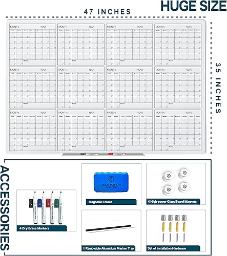 Miniatura 6 de J&J worldwide Calendario de pizarra blanca, calendario anual de cristal, calendario de pared grande de 35 x 47 pulgadas, pizarra blanca,