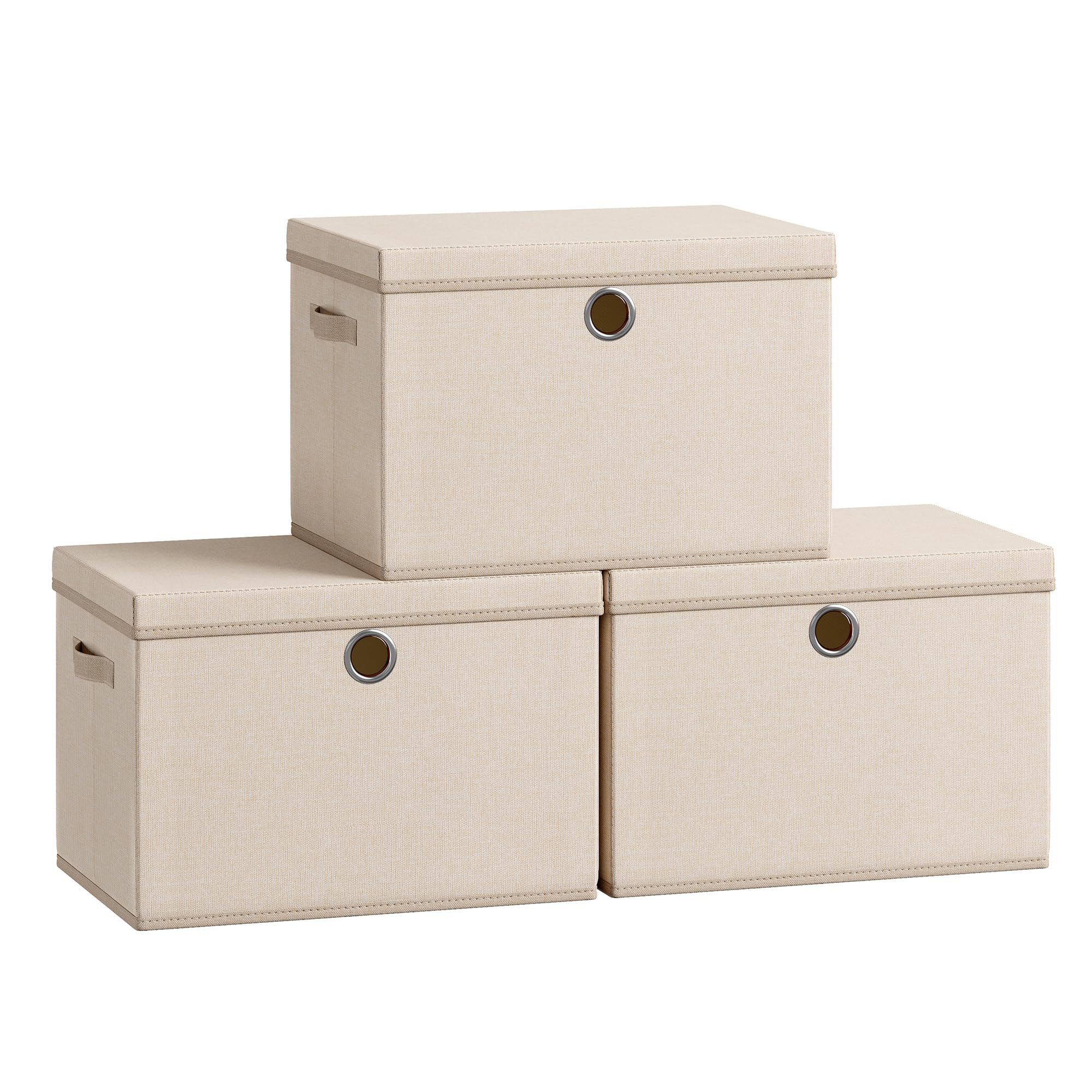 SONGMICS Storage Bins with Lids, 3 Pack Stackable Fabric Storage Boxes, Odorless PP Sheets, Foldable Cube Baskets Organizers with Handles, 16.9 x 11.8 x 11.8 Inches, Summer Sand URFB545LF01