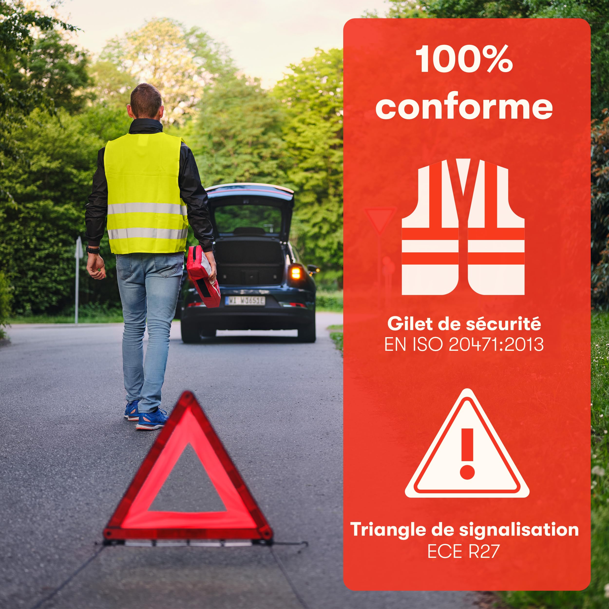 3-en-1 Kit Securite Voiture - Avec Triangle Voiture, Gilet Jaune et Trousse Premier Secours - Conforme Norme DIN 13164 - Triangle de Signalisation Voiture - Triangle et Gilet Jaune pour Voiture