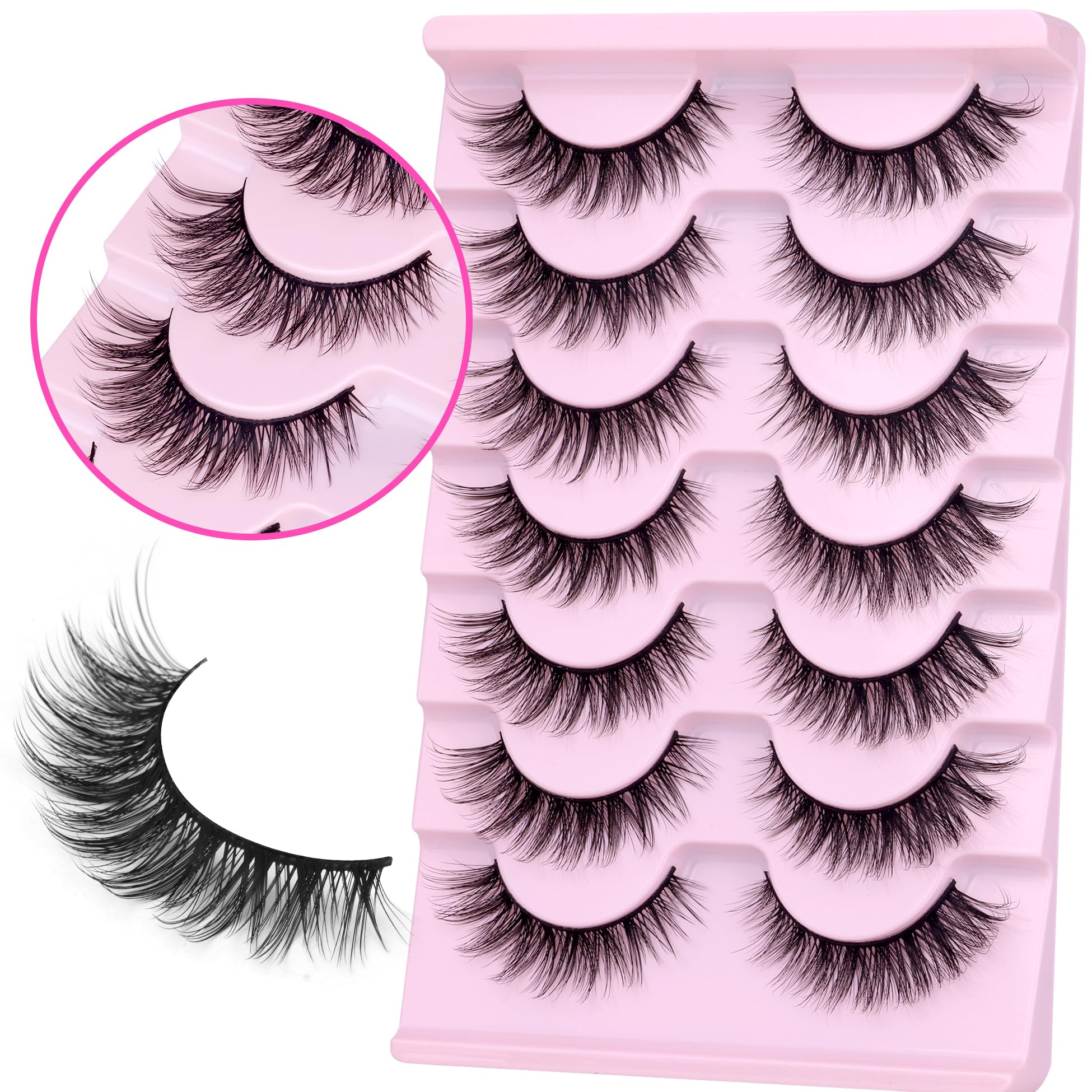 Wispy Lashes - Pestañas postizas de aspecto natural con pegamento de pestañas, kit de pestañas de ojo de gato, extensión de pestañas con pegamento de pestañas, paquete de pestañas cortas de visón, 7