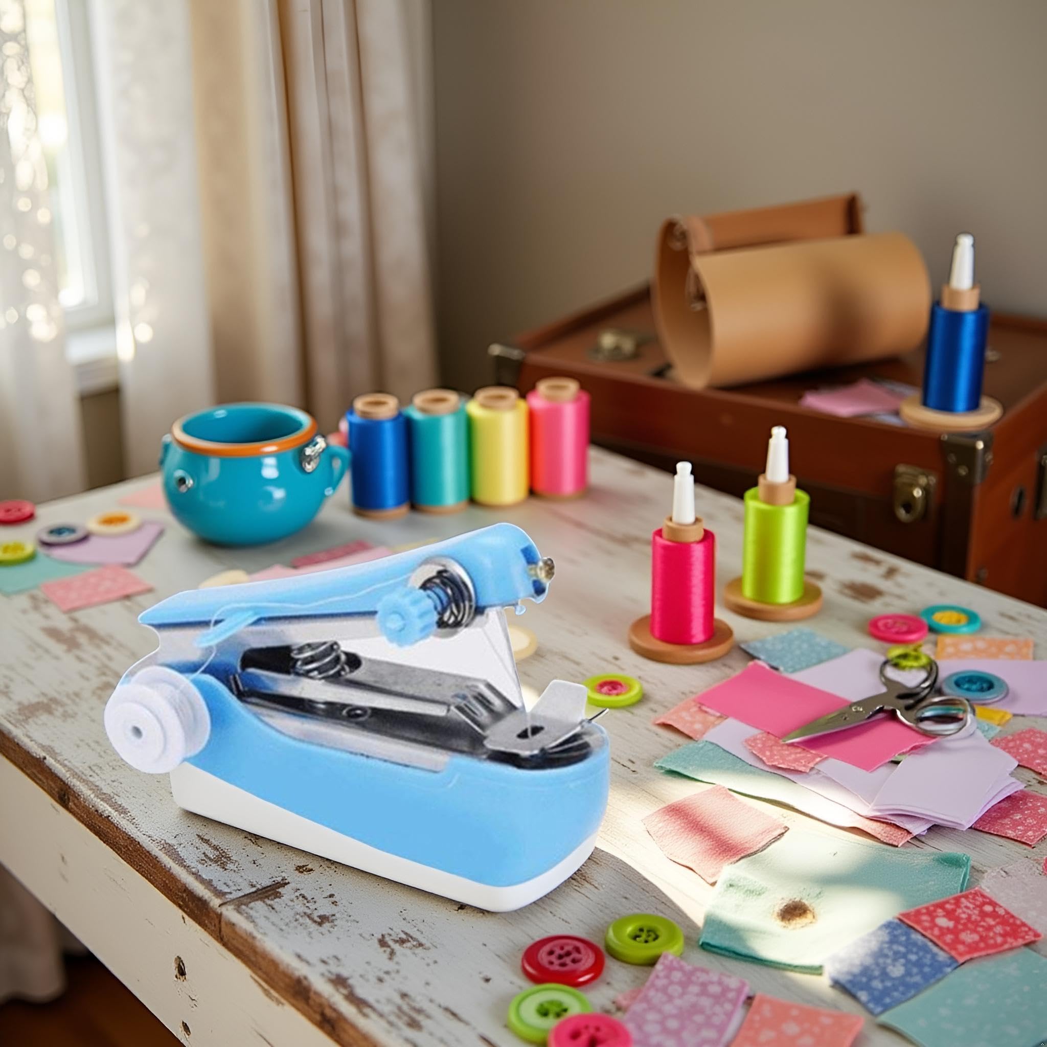 Máquina de coser de mano azul, mini máquinas de coser manuales portátiles Herramienta de costura práctica Mini máquina de alcantarillado Máquina de coser de mano Máquinas de bordar 3