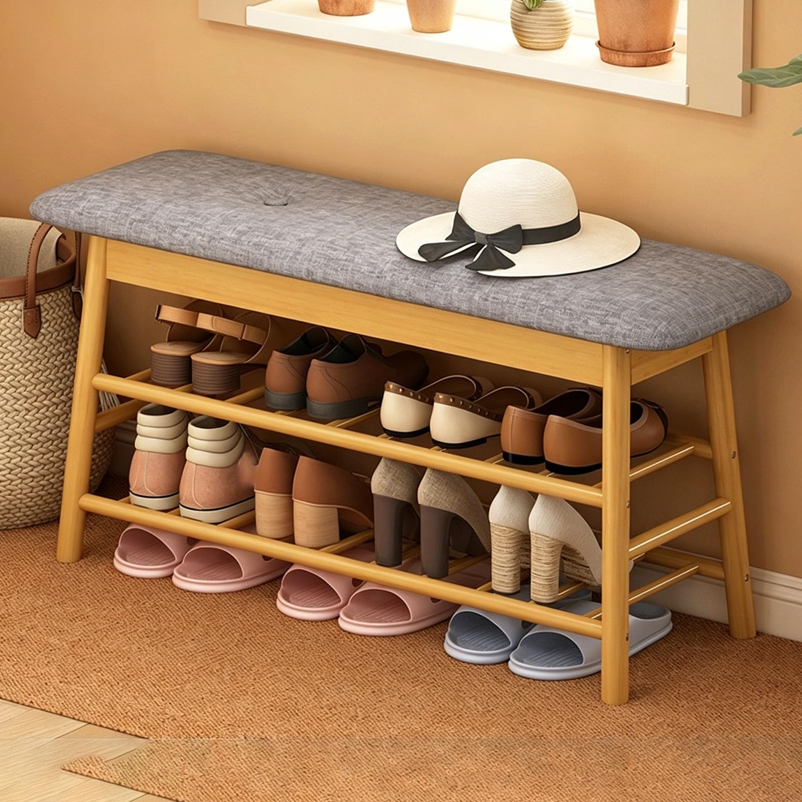 Rangement chaussures avec assise en lin et étagère à chaussures bambou 2 niveaux