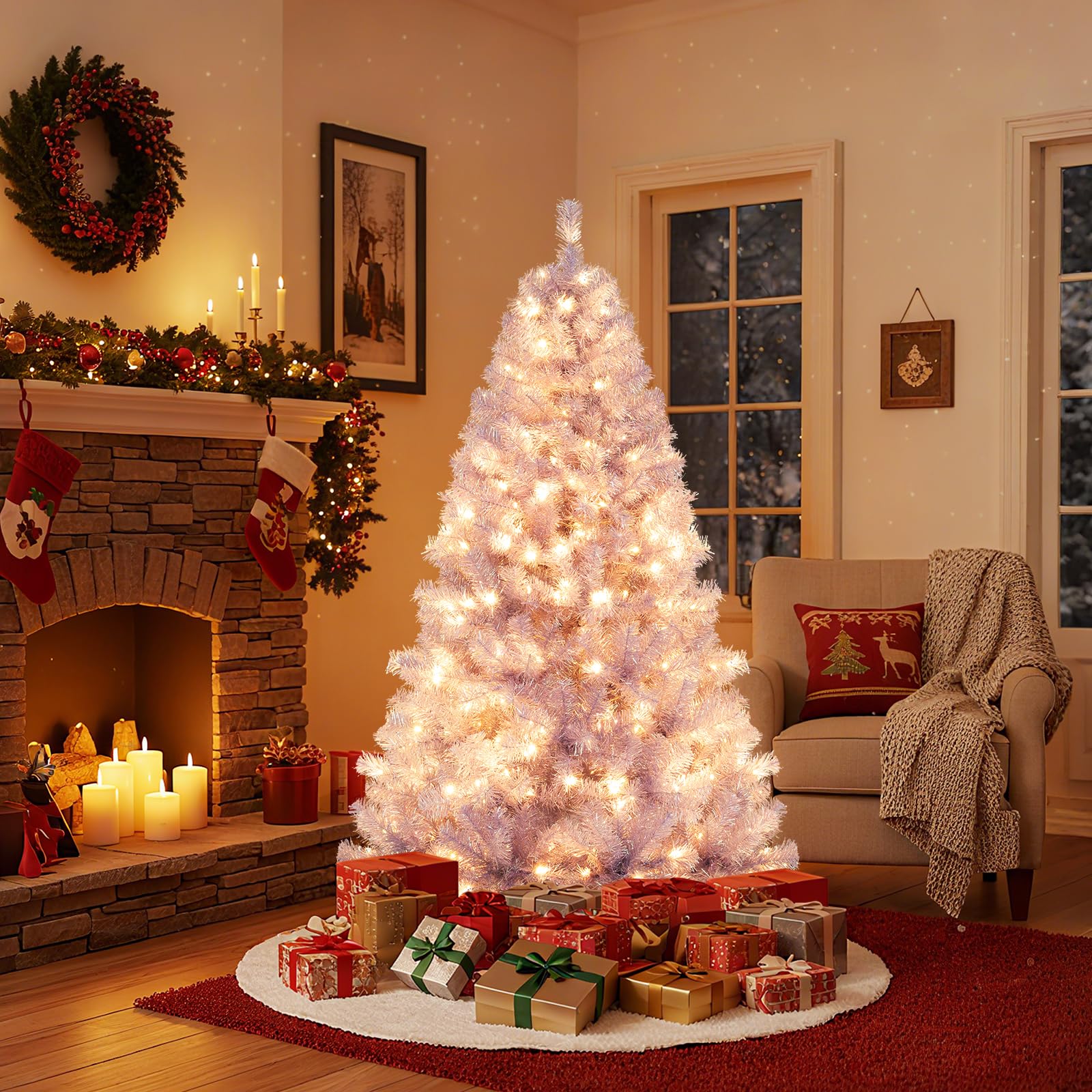 GYMAX Sapin de Noël Artificiel 180cm Violet Lumineux LED avec 250 Lumières Blanc Chaud, 8 Modes d'Éclairage, 688 Branches à à Sequins, Décoration de Fête pour Domicile, Bureau
