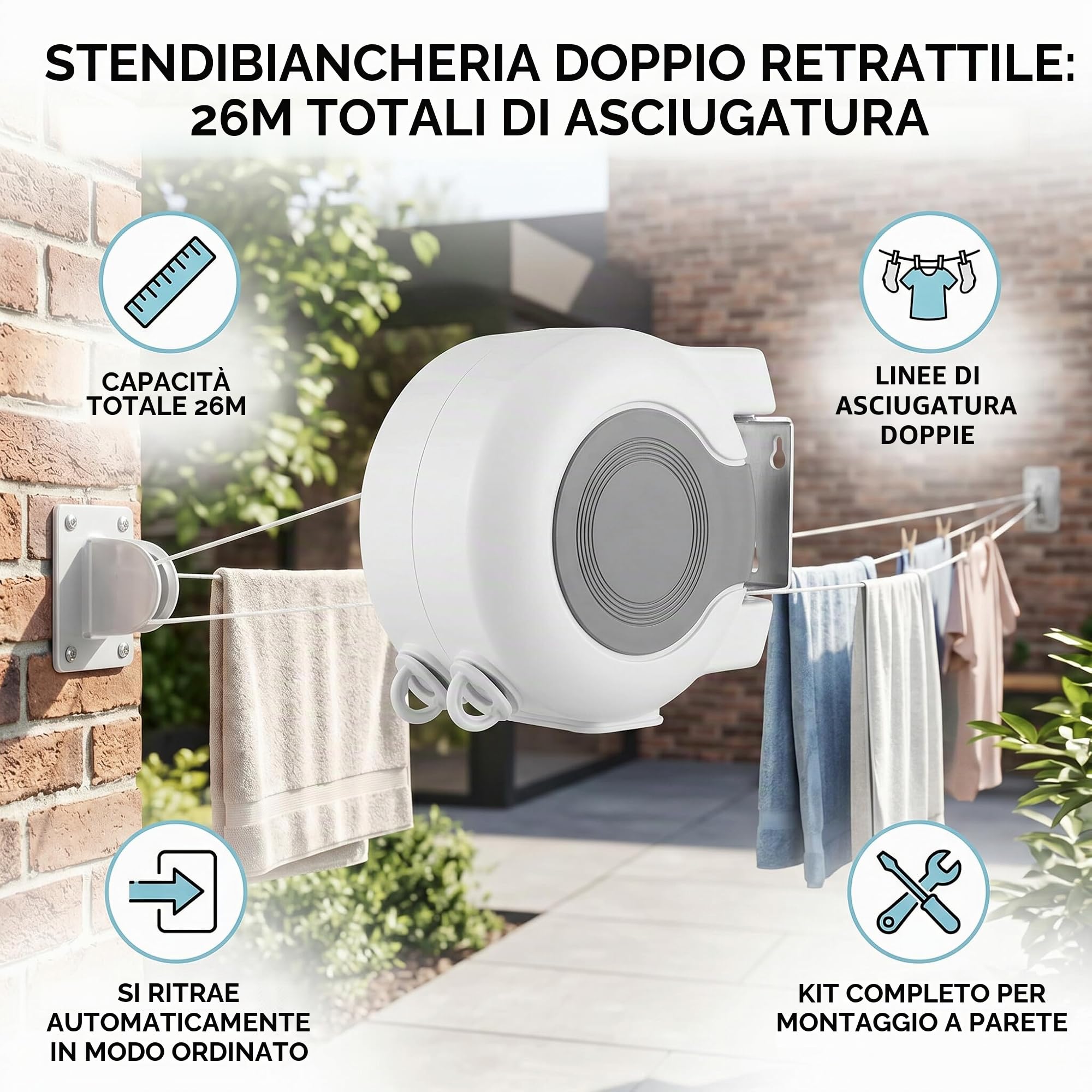 Wakects Filo Stendibiancheria Allungabile, Filo Retrattile Doppio per stendere, per Esterni, Corda da Bucato, Lunghezza Regolabile, di Filo totali, Bianco
