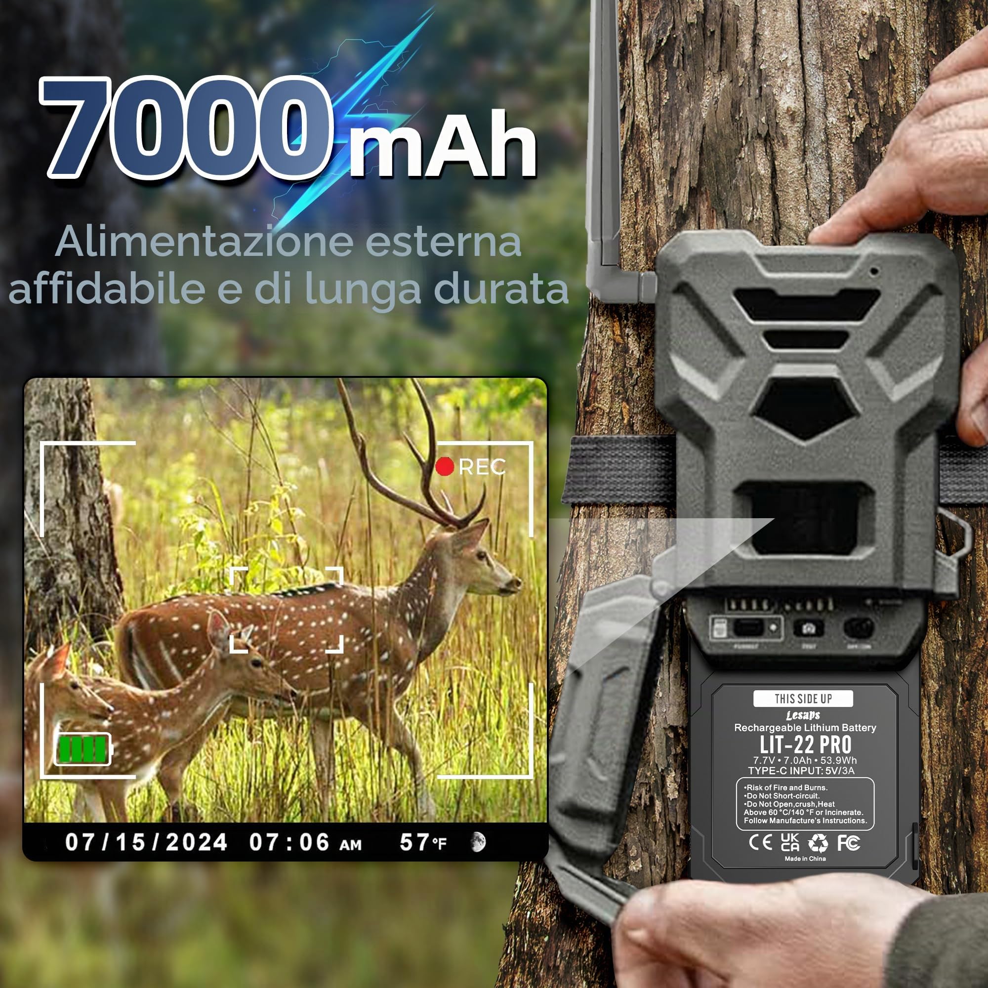 Confezione da 2 batterie LIT-22 da 7000 mAh ricaricabili al litio per fotocamera SPYPOINT Trail, compatibile con fotocamere cellulari Flex-M, Flex G-36, Flex-Plus, Flex-S (include cavo di tipo C)