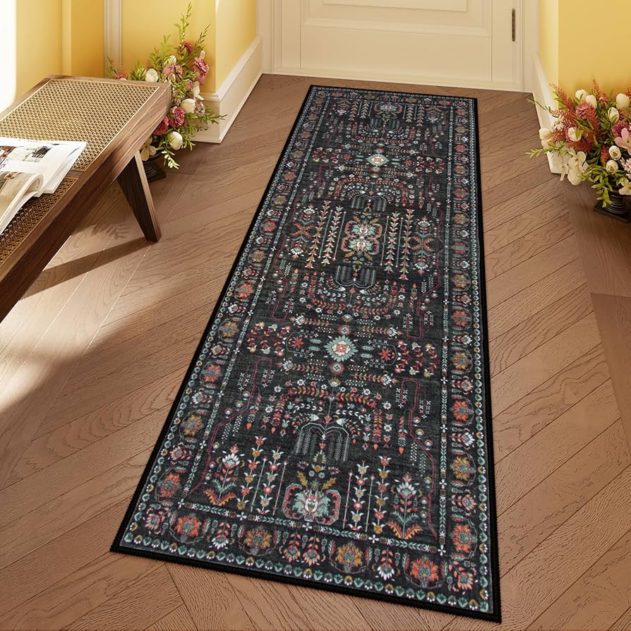 Moynesa Boho Black Rug Runners for Hallways, Washable Floral 2x6 Kitchen Runner Rug Non-Slip Traditional Hallway Runner, Low-Pile Soft Oriental Carpet Hall Runner 6ft for Bedroom Entryway