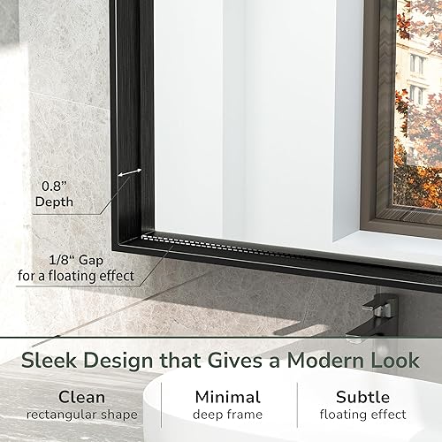 Miniatura 3 de TokeShimi Espejo de tocador negro de 48 x 30 pulgadas para lavabo de baño, moderno espejo rectangular montado en la pared con marco de aleación de